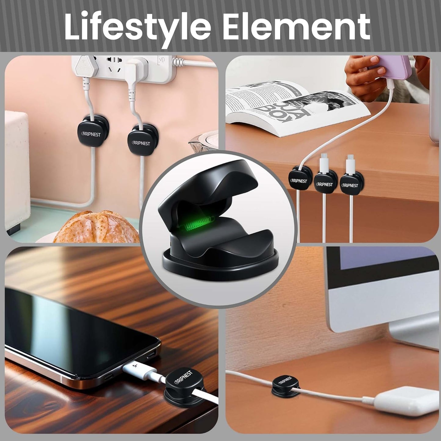 6 Pack Adhesive Cable Clips Black Spring Loaded Cord Holders for Nightstand, Desk, Wall, Car, or Bedside Ideal Charging Cable Organizer for Home or Office Setup