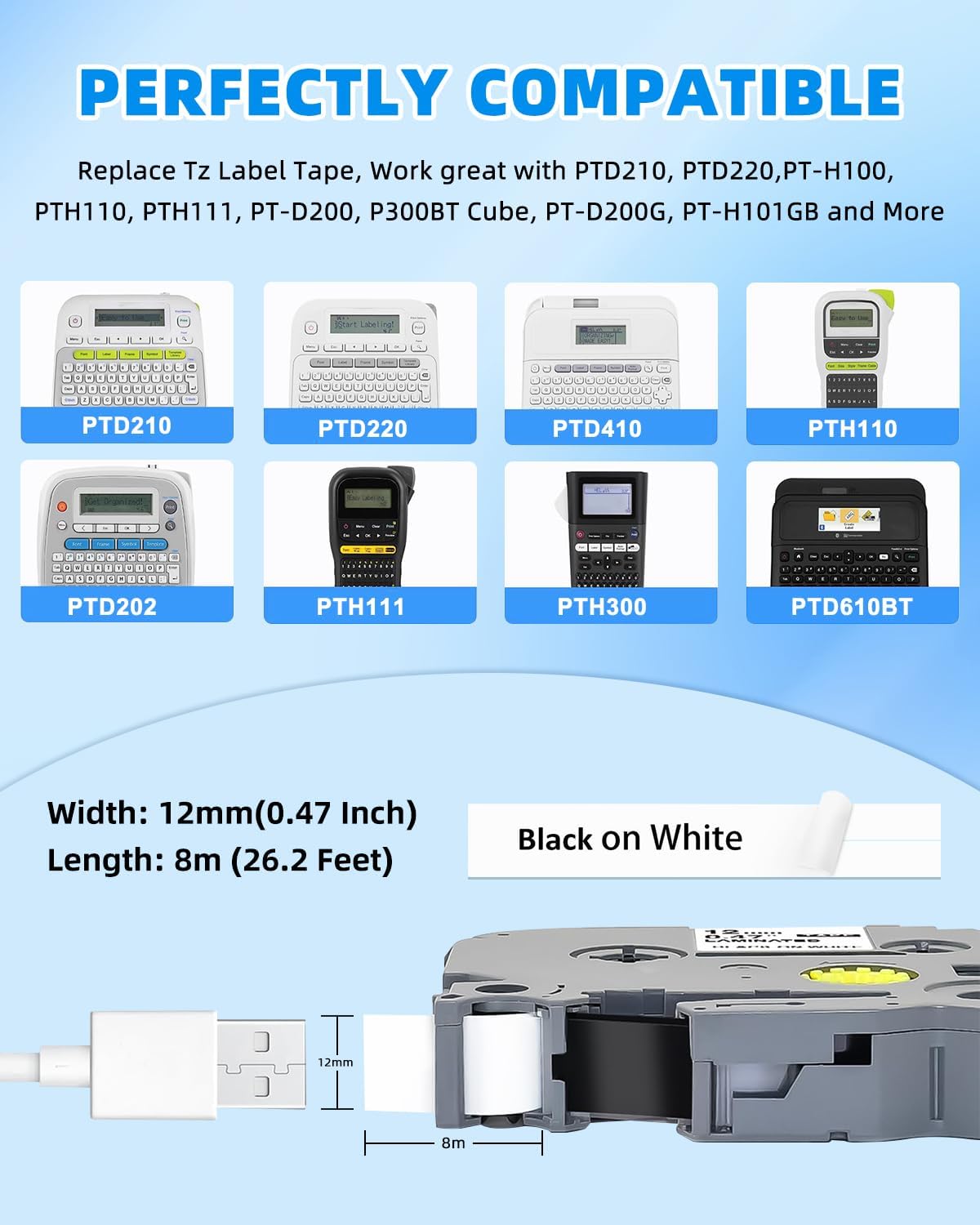 6-Pack Label Maker Tape Replace for TZe231 Tze Tz Tape 12mm 0.47 Inch Laminated White Compatible with Brother P Touch Label Maker PT-D210 PT-D200 PT-D220 PT-H100 PT-H110 PT-D600, Black on White