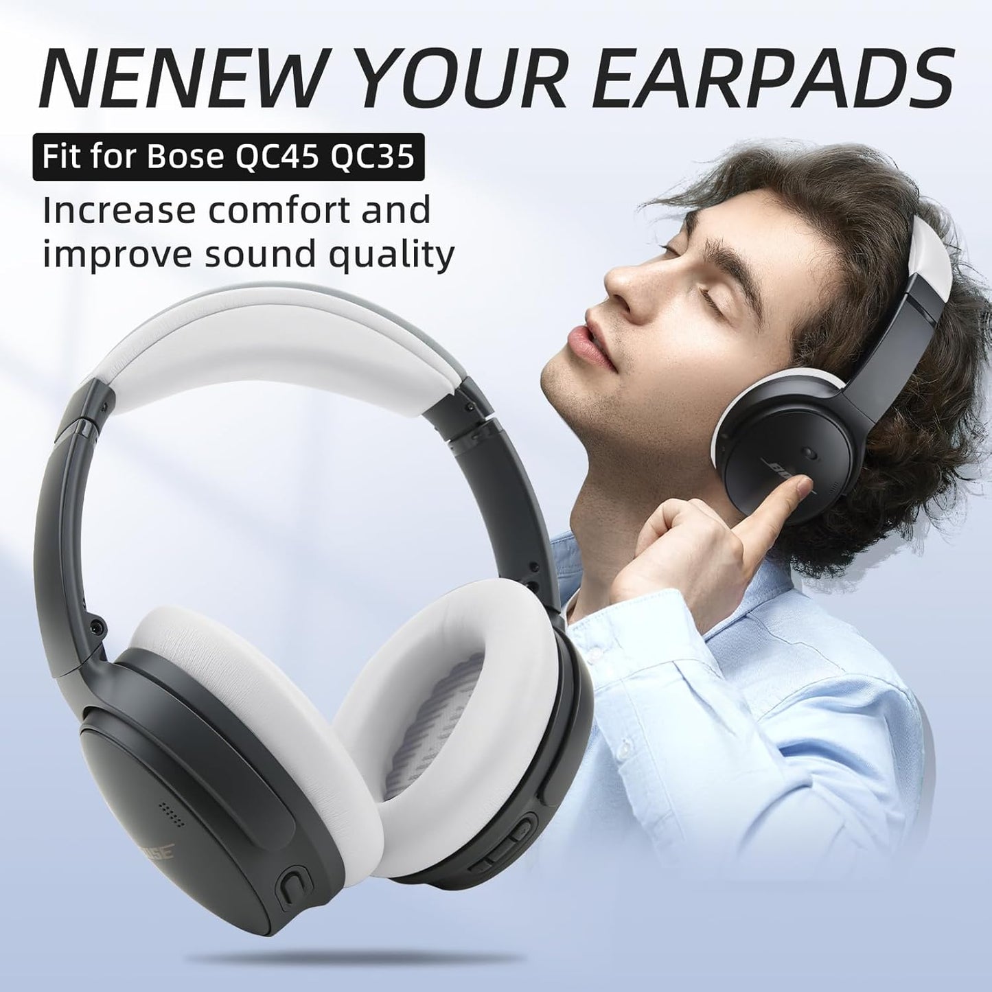 Ear Cushion and Headband for Bose QC45 QC35, Replacement Headstrap Pad Repair Part with Protein Leather& Memory Foam (White)