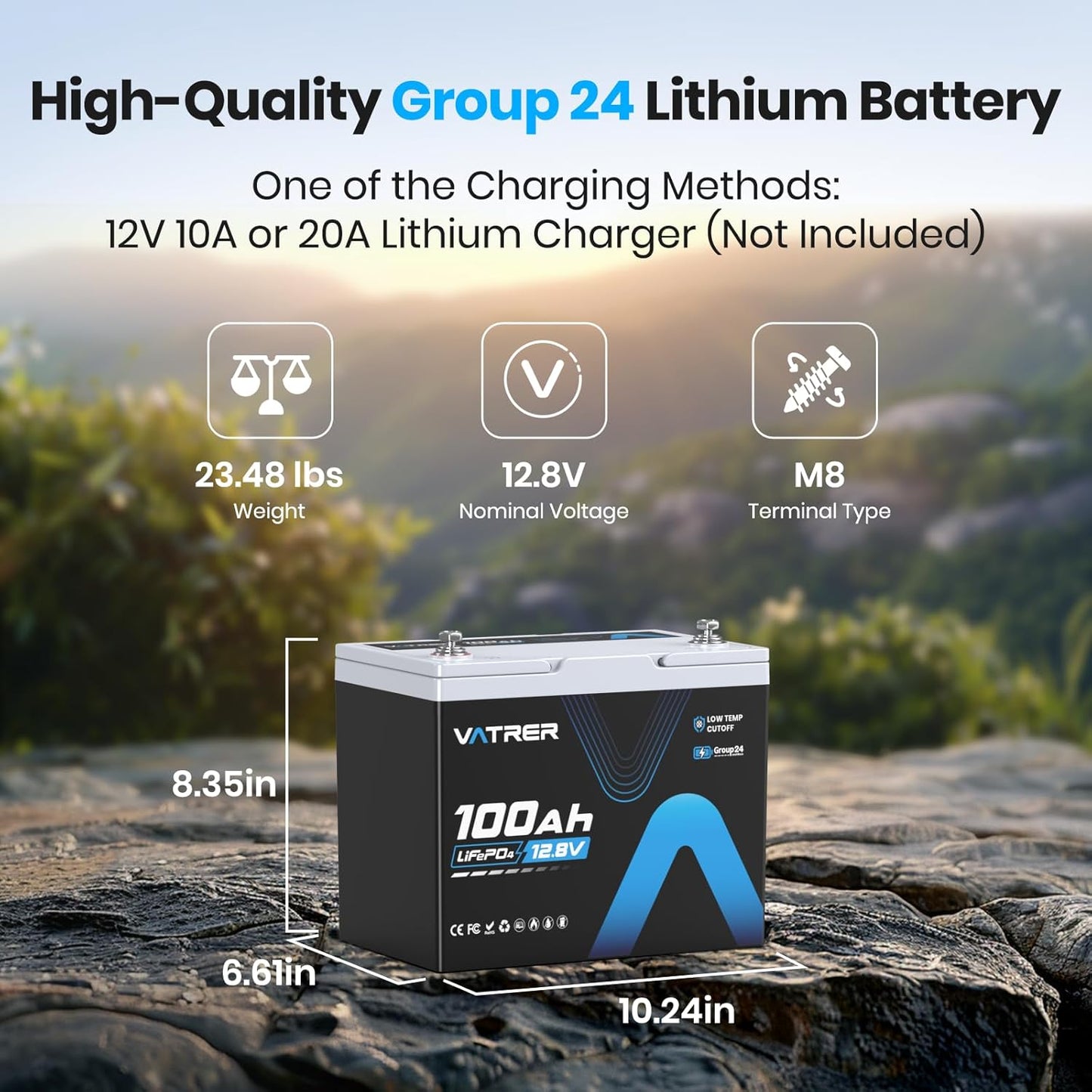 12V 100Ah Group 24 Lithium Deep Cycle Battery, 100A BMS Rechargeable LiFePO4 Battery, Low/High Temperature Cutoff Protection, 1.28kW Max Load Power for RVs, Boats, Off-Grid, Home Energy Storage