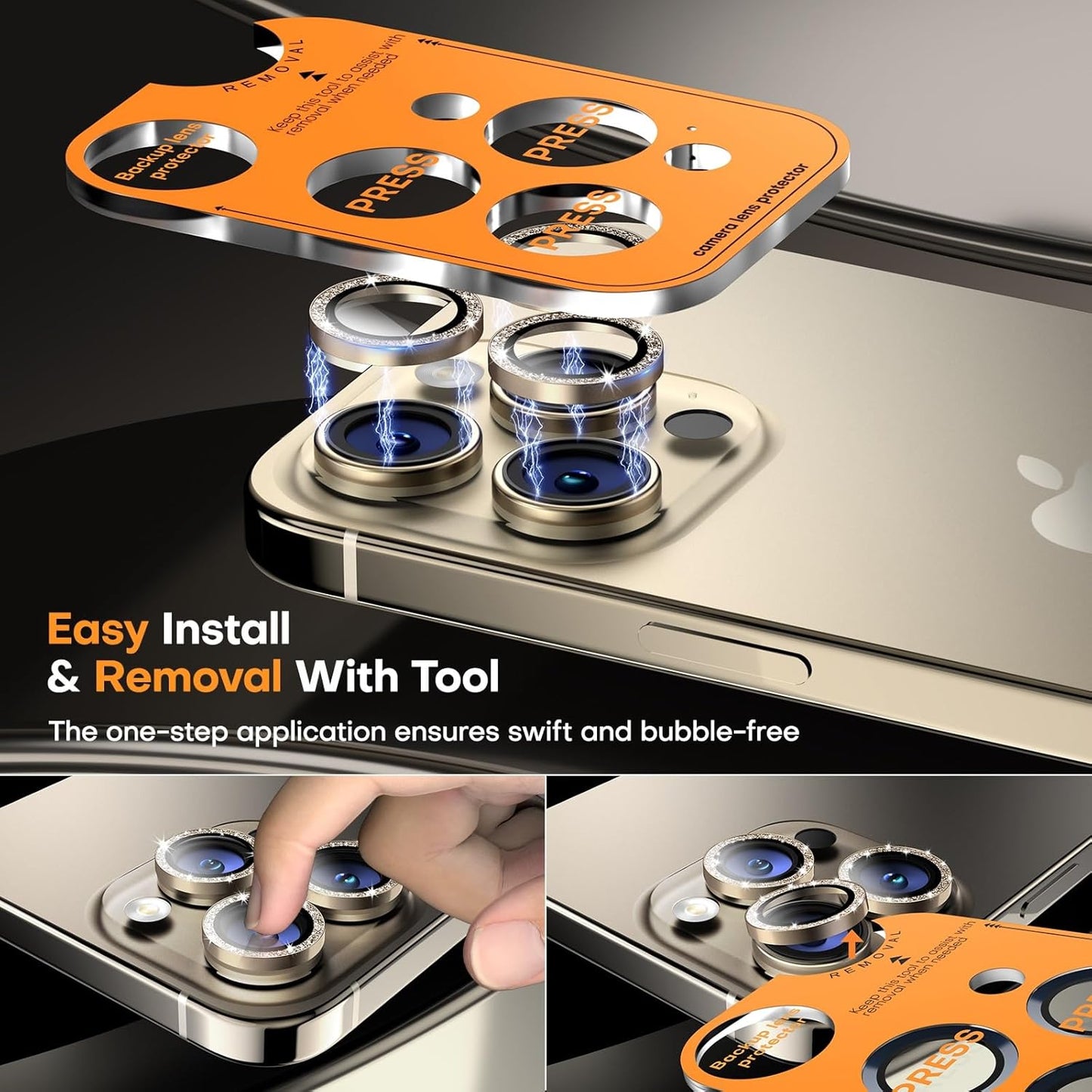 Camera Lens Protector for iPhone 16 Pro Max/16 Pro/15 Pro Max/15 Pro/14 Pro Max/14 Pro, Sapphire Glass Metal Individual Camera Cover Screen, Anti-drop, Case Friendly- Glitter Natural Titanium