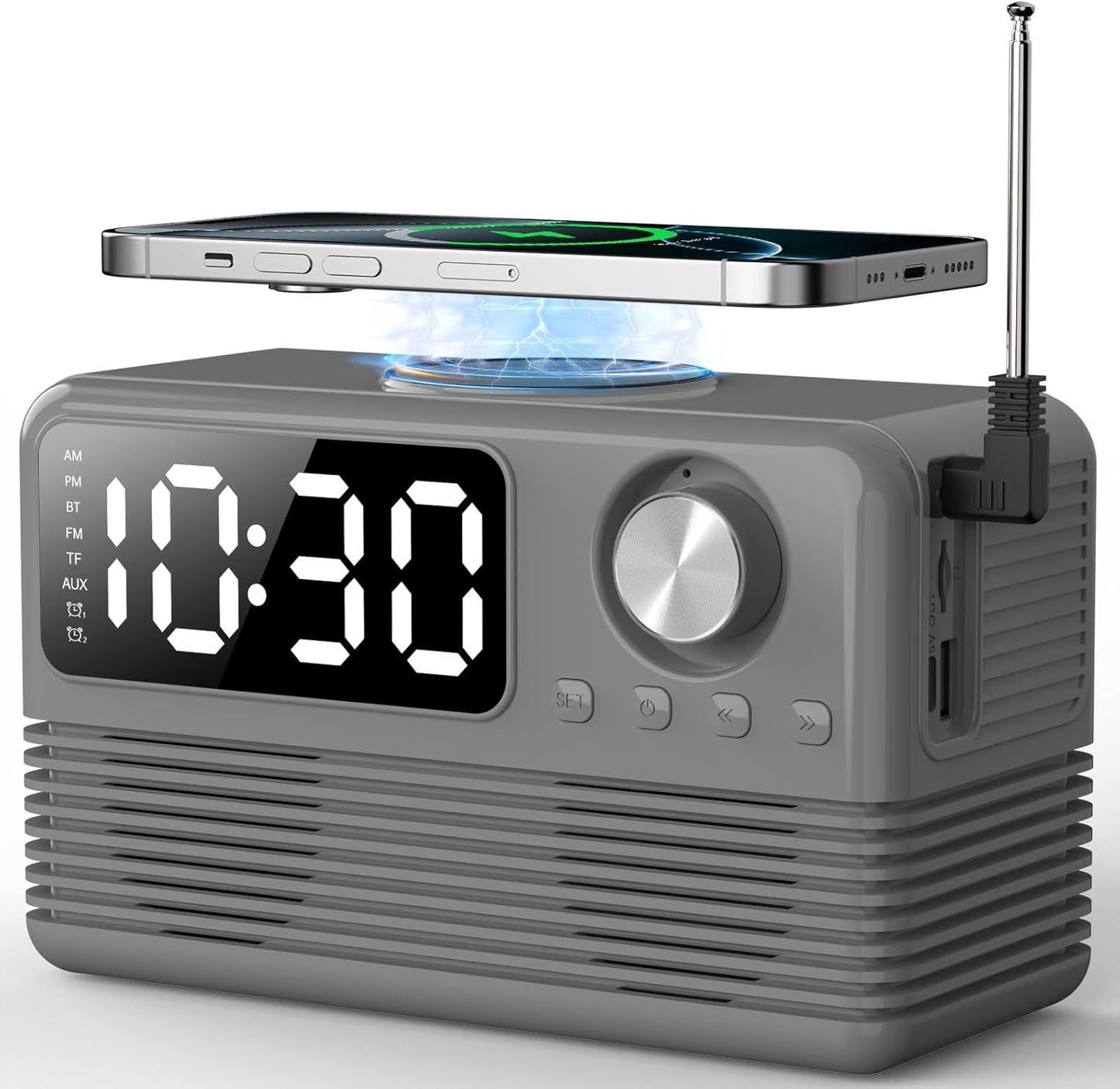 15W Fast Wireless Charger with Bluetooth Speaker and Alarm Clock Radio,4 in1 Wireless Charging Station for iPhone,Android Phones with FM Radio for Bedroom