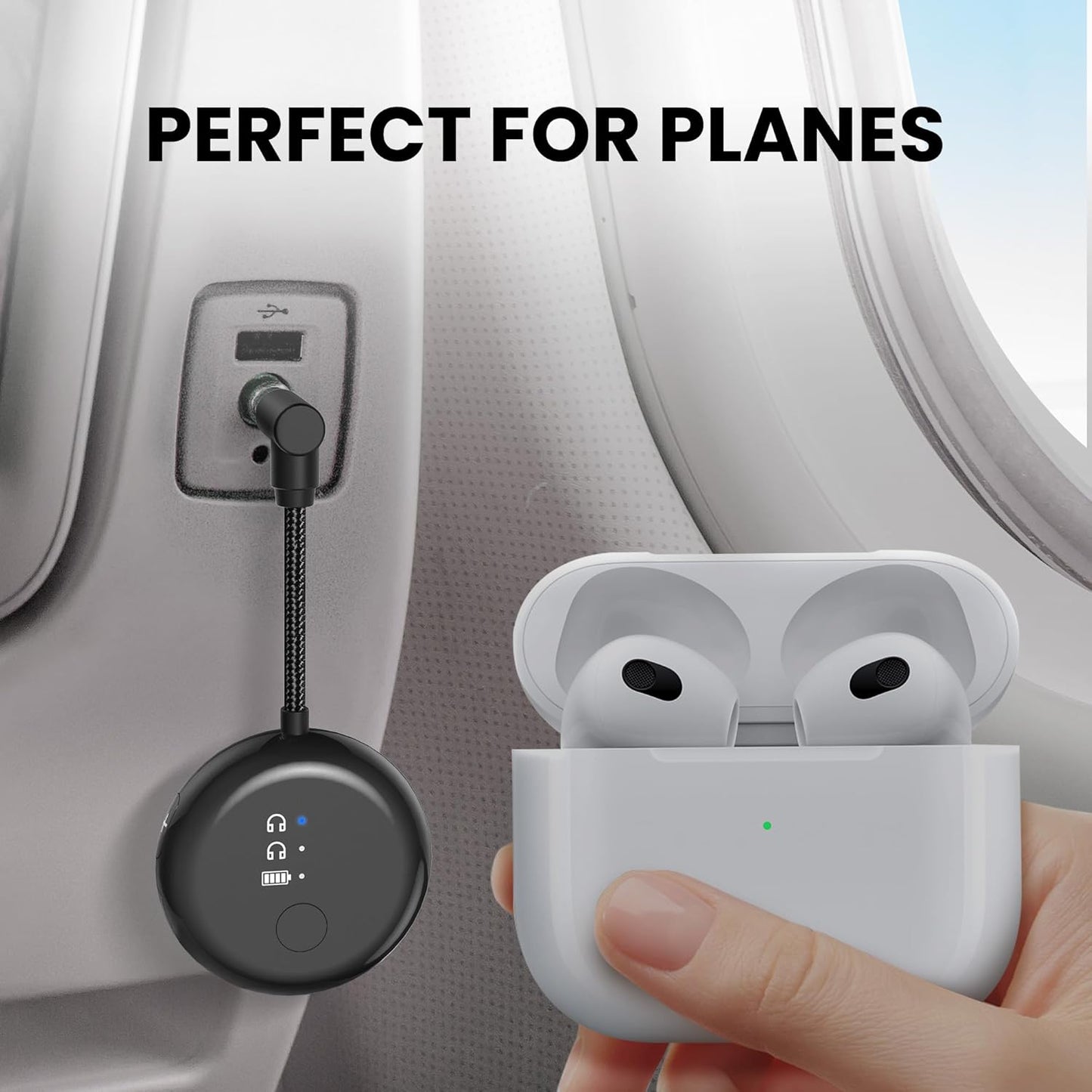 Avantree SoundJet R1 – Airplane Bluetooth Adapter for Headphones & AirPods, aptX Adaptive, Qualcomm Chipset, 20H Battery, Wireless Audio Transmitter for in-Flight Travel Essentials - Black