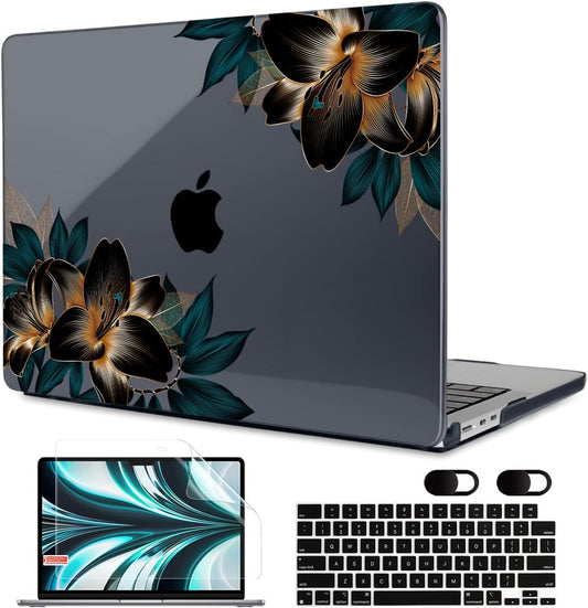 MEEgoodo Case for MacBook Air M4/M3/M2 13.6 inch 2025 2024 2022, Fit Model A3240 A3113 A2681, Compatible with MacBook Air 13 inch, Laptop Hard Shell Case with Keyboard Cover, Golden Lilies