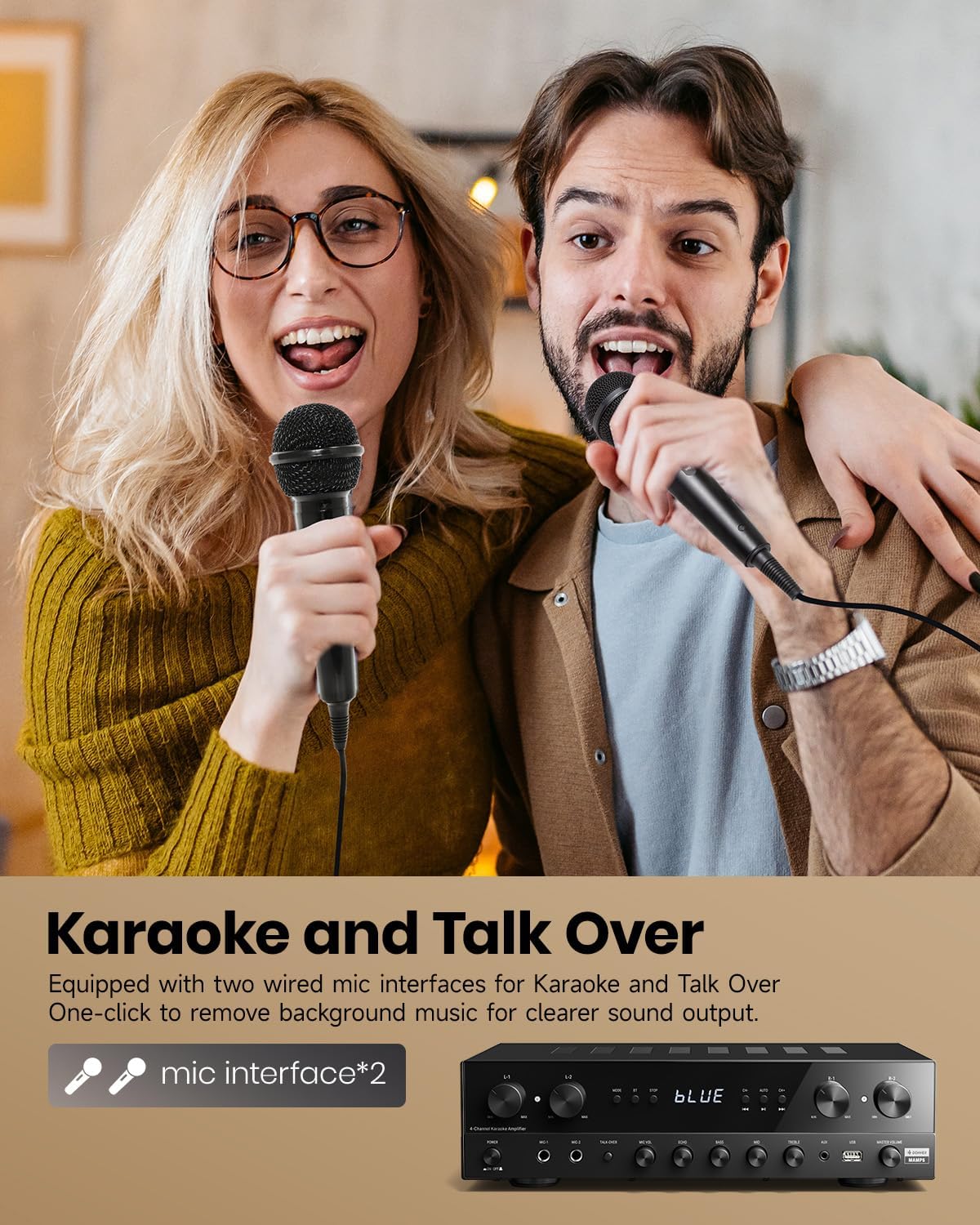 Donner Stereo Receivers Home Audio Amplifier, Premium 1000W Peak Power 4 Channel Amplifier with Bluetooth 5.0, USB, FM, 2 Mic-in, Echo, RCA, Optical/Coaxial Input for Home, Karaoke, Theater Speakers