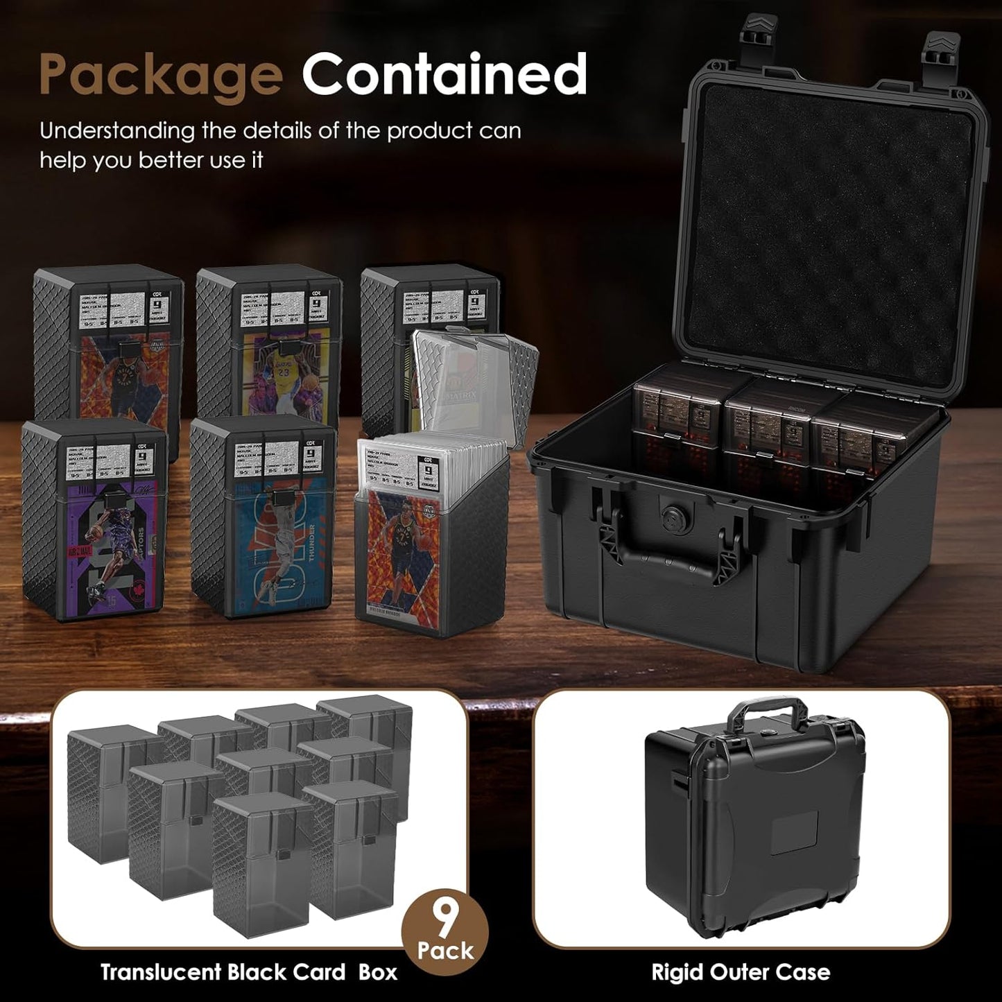 Graded Card Storage Box Set with 9 Clear Black Individual Deck Boxes - PSA Slab Card Case For PSA, CSG, BGS, Magnetic Cards Holder Storage (Black, 9 Pack)