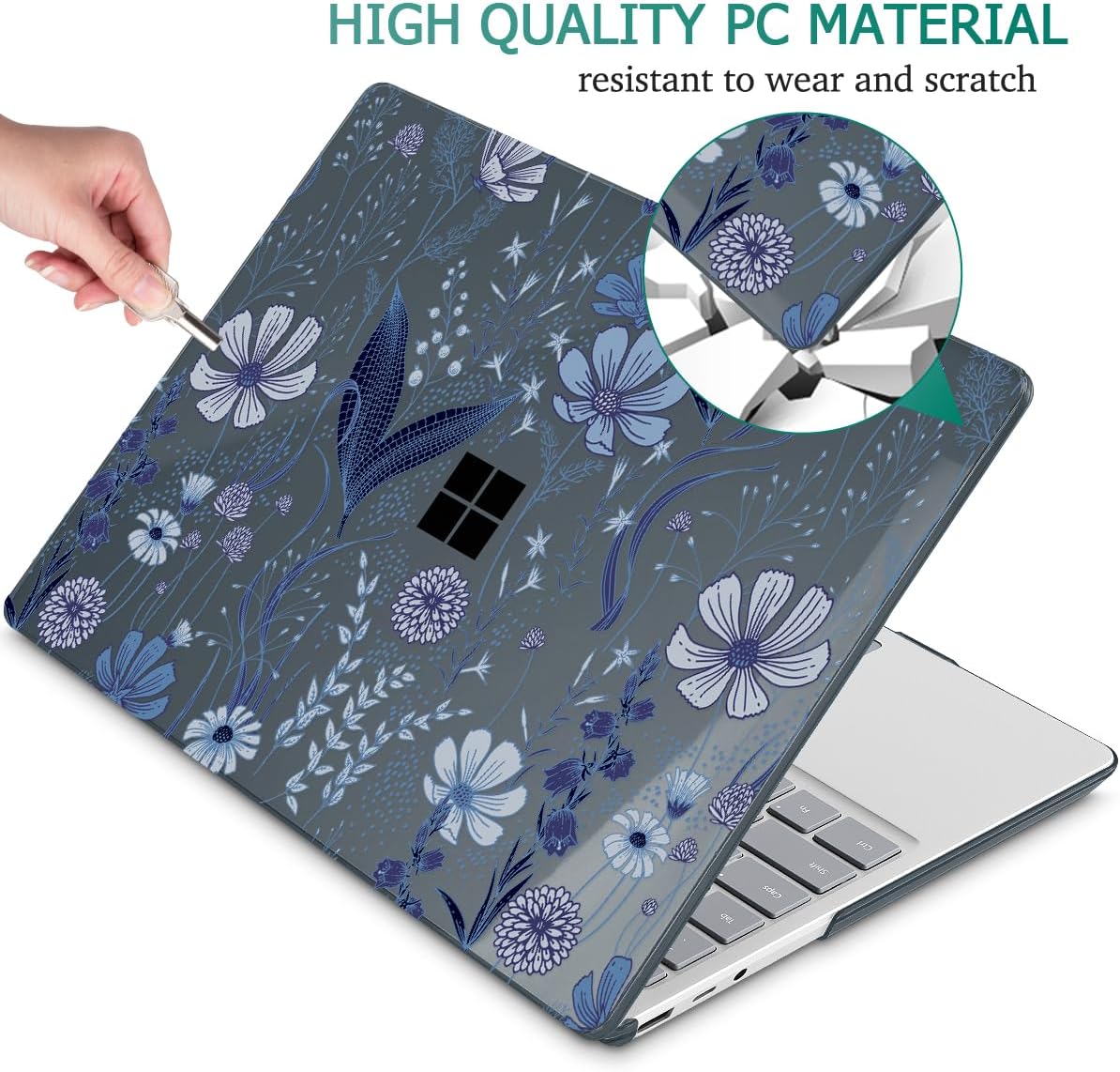 Tuiklol Case for 15 Inch Microsoft Surface Laptop 5/4/3 2022-2020, Model 1979/1953/1872/1873 Hard Shell Cover, Keyboard Cover+Screen Protector+Dust Plugs,Blue Line Floral