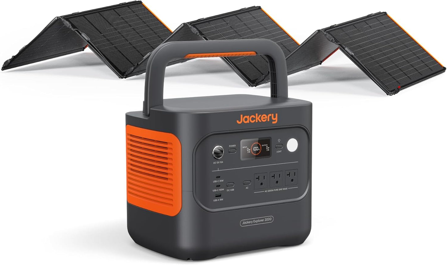 Jackery Explorer 2000 v2 Solar Generator and 500W Solar Panel, 2042Wh LiFePO4 Power Station, 2200W AC Output, 1 Hour Fast Charging for Emergencies, Power Outages, Camping