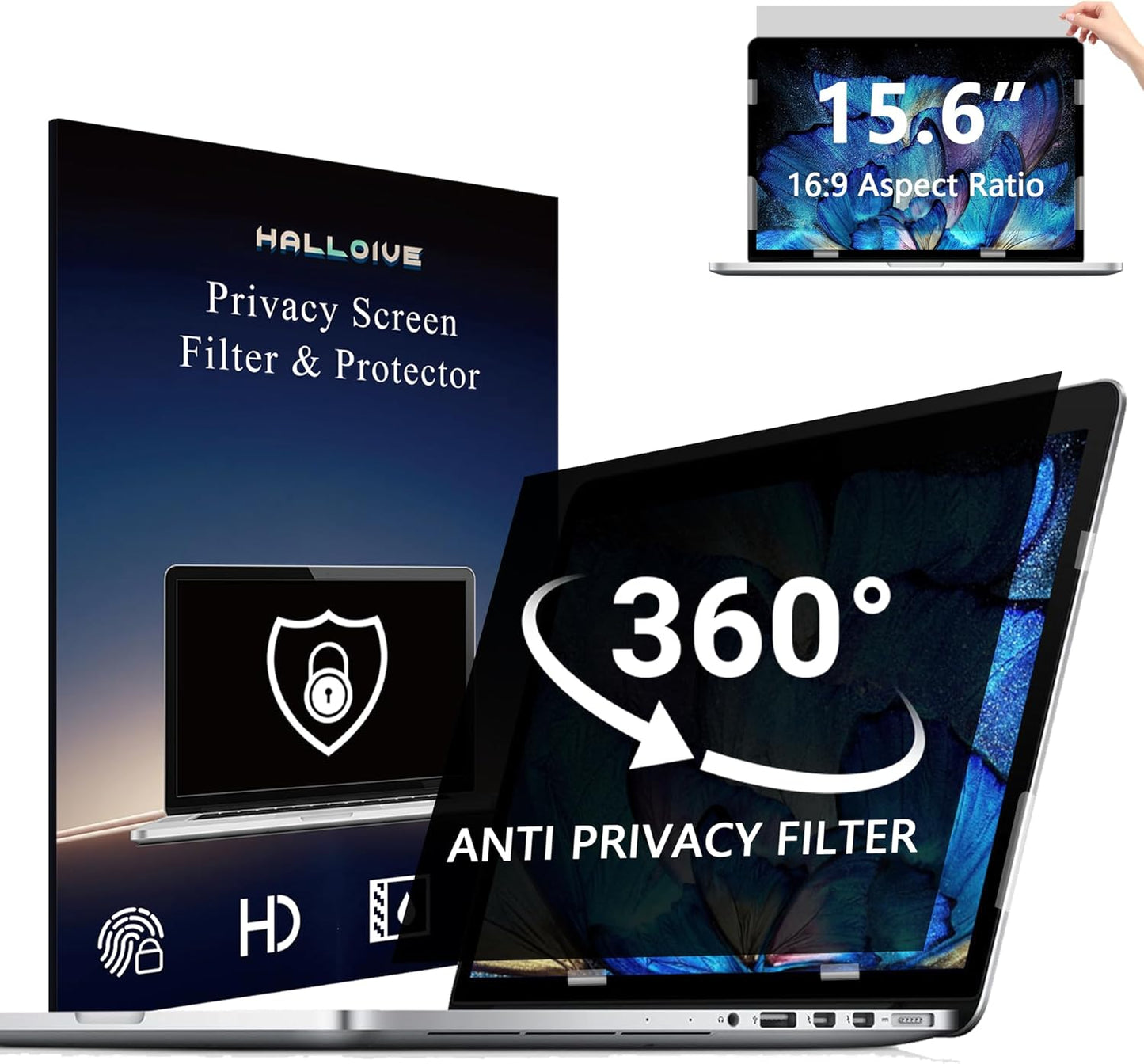 4-Way Laptop Privacy Screen Shield 15.6 Inch, Removable 16:9 Aspect 360° Privacy Filter Screen Protector for 15.6 Inch Laptop Computer, Anti Glare Blue Light Slide Mount Tabs Cover for Generic Laptop