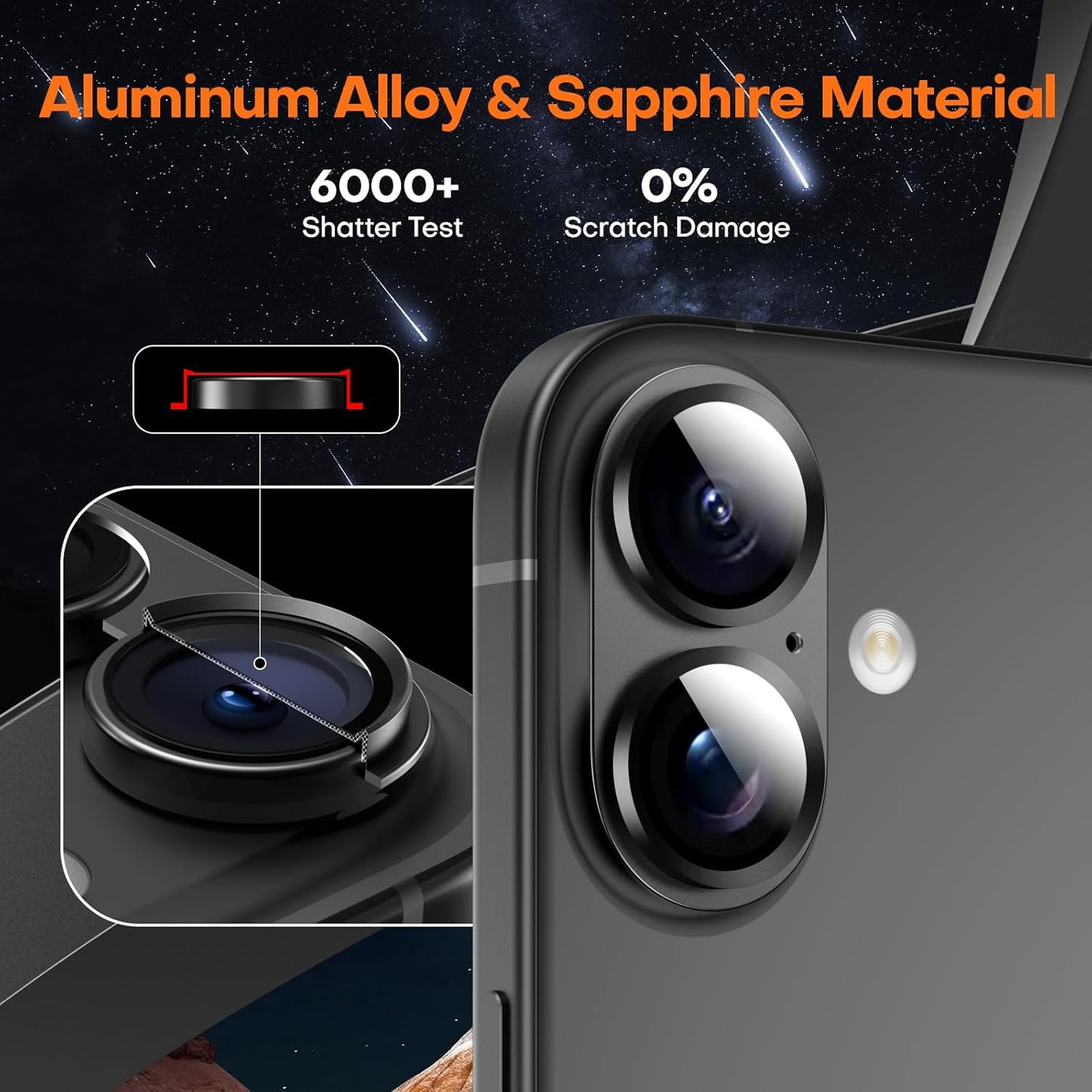 Camera Lens Protector for iPhone 16/16 Plus, Aluminum Alloy Sapphire Glass Camera Screen Cover, Case Friendly- Black Titanium