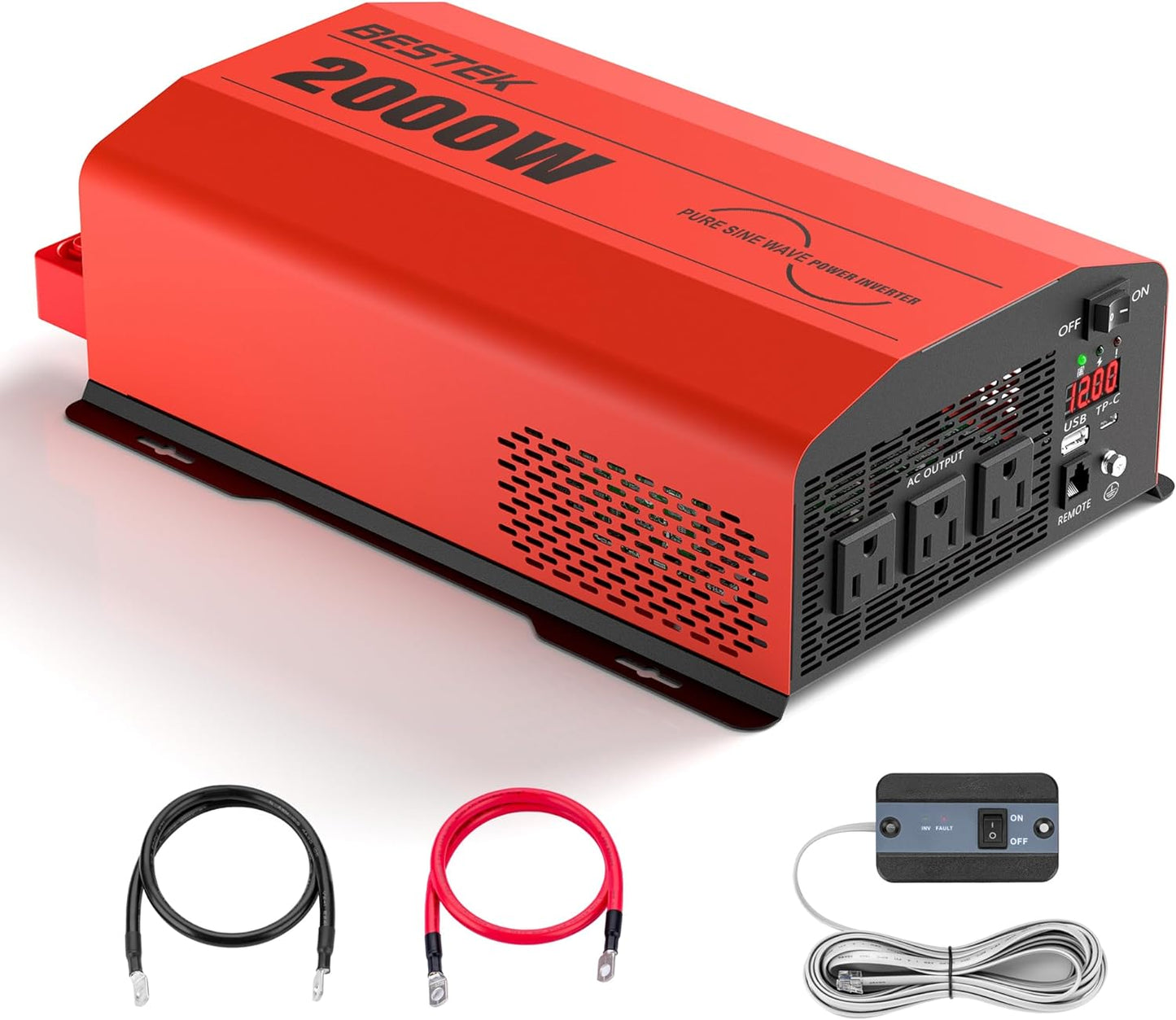 BESTEK 2000 Watt Pure Sine Wave Power Inverter 12V DC to 110V/120V AC Converter for Home, RV, Truck, Off-Grid Solar Power 3 AC Outlets Car Inverter with One 2 USB Port Type-C with Remote Control
