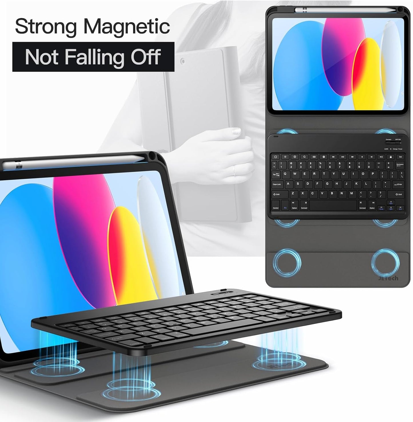 JETech Keyboard Case for iPad (A16) 11th/10th Generation (2025/2022) with Pencil Holder, Magnetic Detachable Bluetooth Wireless Keyboard, Soft TPU Back Stand Cover (Black)