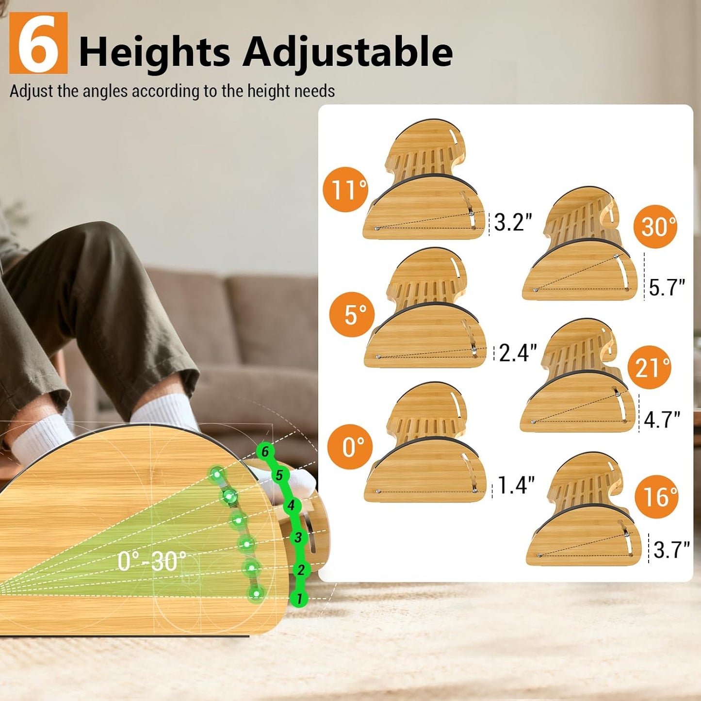 Bamboo Foot Rest for Under Desk at Work - Reversible Rocking Desk Footrest 2-in-1 with 6 Adjustable Heights, Ergonomic Foot Rest Under Desk with Anti-Slip Surface for Home, Office and Gaming