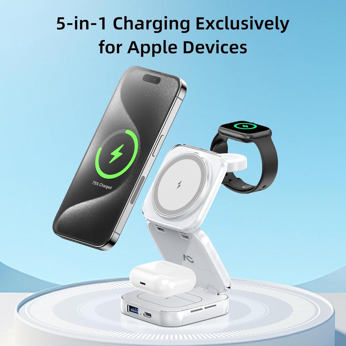 5-in-1 Wireless Charger for MagSafe, AC ISLAND Portable Travel Charging Station, 15W Max Fast Foldable Magnetic Stand, Evolved for iPhone 16/15/14/13 Series, Apple Watch, AirPods (with 35W Adapter)