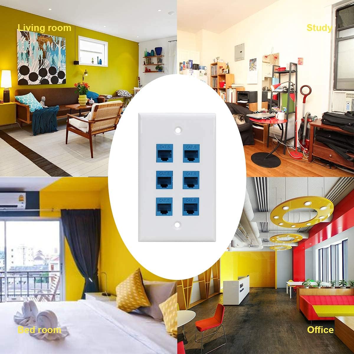 Cat 6 Ethernet Wall Plate 6 Port,Ethernet Wall Plate Female-Female Removable Compatible with Cat7/6/6e/5/5e Ethernet Devices -Blue