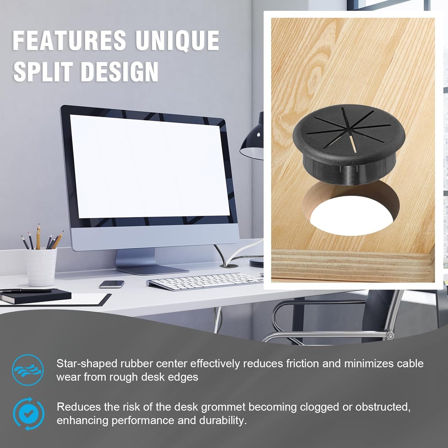 2-3/8" Black Desk Grommet, JTemgle Flexible Cable Grommet Rubber Cable Hole Cover Wire Organizer Caps Desktop Cord Management for Home Office TV Stands Tabletops, 10 Pieces