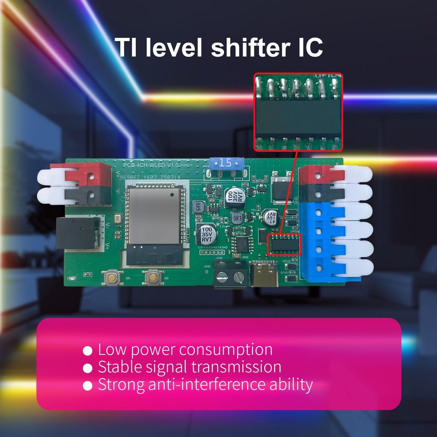 ESP32 WLED LED Strip Light Controller 4 Channel Output 15A Fuse Link Level Shifter UART Download DIY Dynamic Lighting Mode APP Voice Control for Digital WS2811 WS2812 WS2815 SK6812 RGB IC String