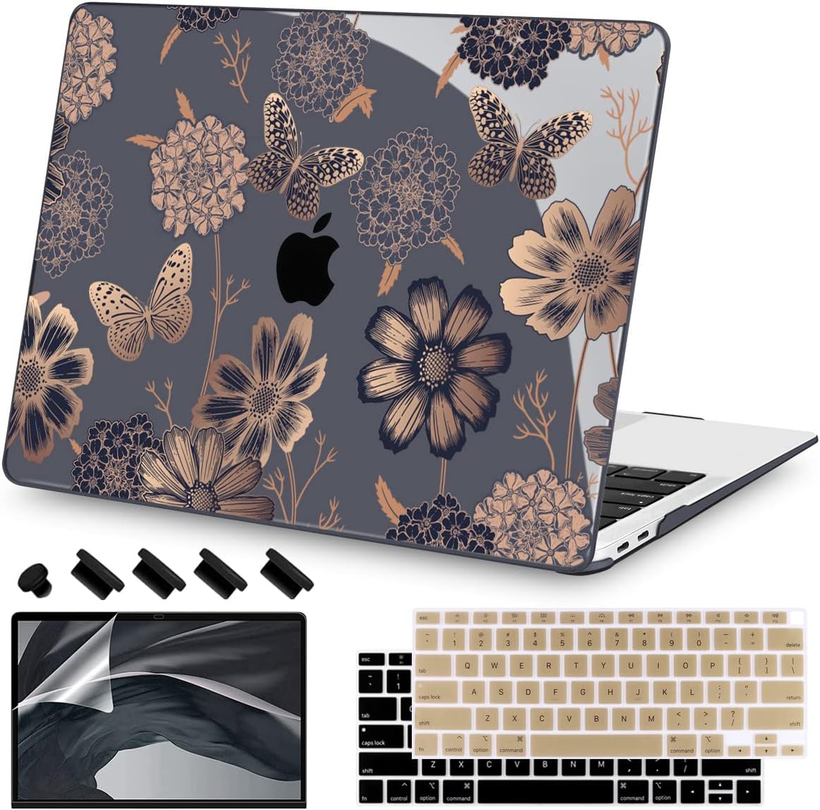 Teryeefi for MacBook Air 13 inch Case 2021 2020 2019 2018 Release (Model A2337 A2179 A1932 Retina Display with Touch ID), Plastic Hard Shell Case & Keyboard Cover for MacBook Air 13 M1, Gold Flowers