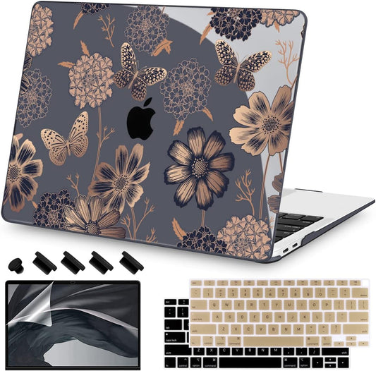 Teryeefi for MacBook Air 13 inch Case 2021 2020 2019 2018 Release (Model A2337 A2179 A1932 Retina Display with Touch ID), Plastic Hard Shell Case & Keyboard Cover for MacBook Air 13 M1, Gold Flowers