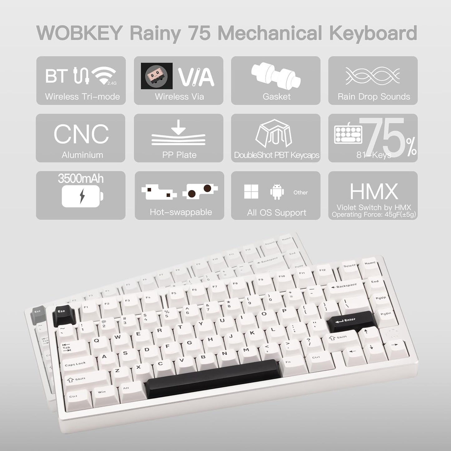 KEEBMONKEY WOBKEY Rainy 75 CNC Aluminum HMX/JWK/Cocoa Switches Triple-Mode Connectivity Mechanical Keyboard with Superior Acoustics, No RGB/PP/Mirrored Glass/3500mAh/Violet Switch (Lite - Silver)
