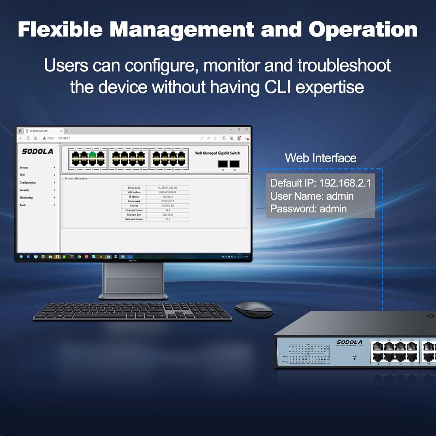SODOLA 24 Port PoE Gigabit Managed Switch 400W,24 GE PoE Port,2 GE Uplinks, IEEE802.3af/at, 19 inch RackMount, Static Link Aggregation/QoS/VLAN/IGMP Managed Network PoE Switch