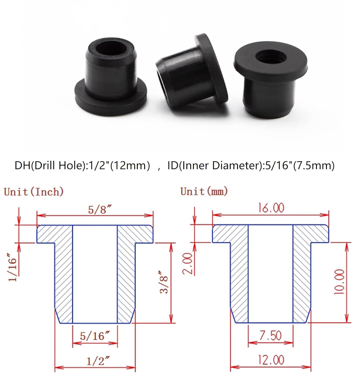 20 pcs 1/2" Drill Hole，5/16" ID Black Silicone Top hat Rubber Grommets for Wiring，Automotive，Firewall，Hole Plug，Desk，Screw，Water and Gas Pipe，Drain，House Siding，Cable Bushing，Glass，Wire Plug