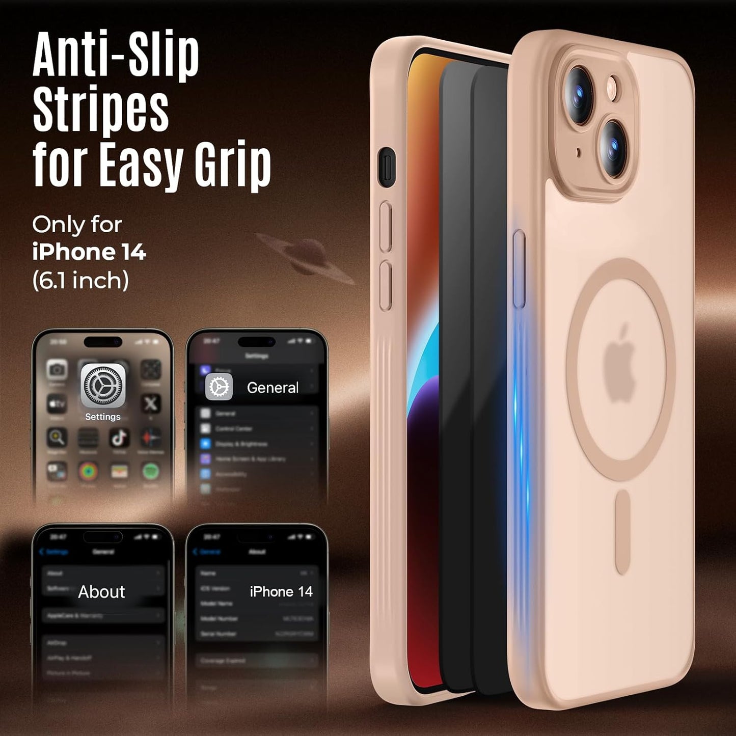 Designed for iPhone 14 Case, Compatible with MagSafe, with Privacy Screen Protectors X2, [Camera Protection] [15FT Military Drop Protection] Shockproof Phone Case, 6.1", Light Brown