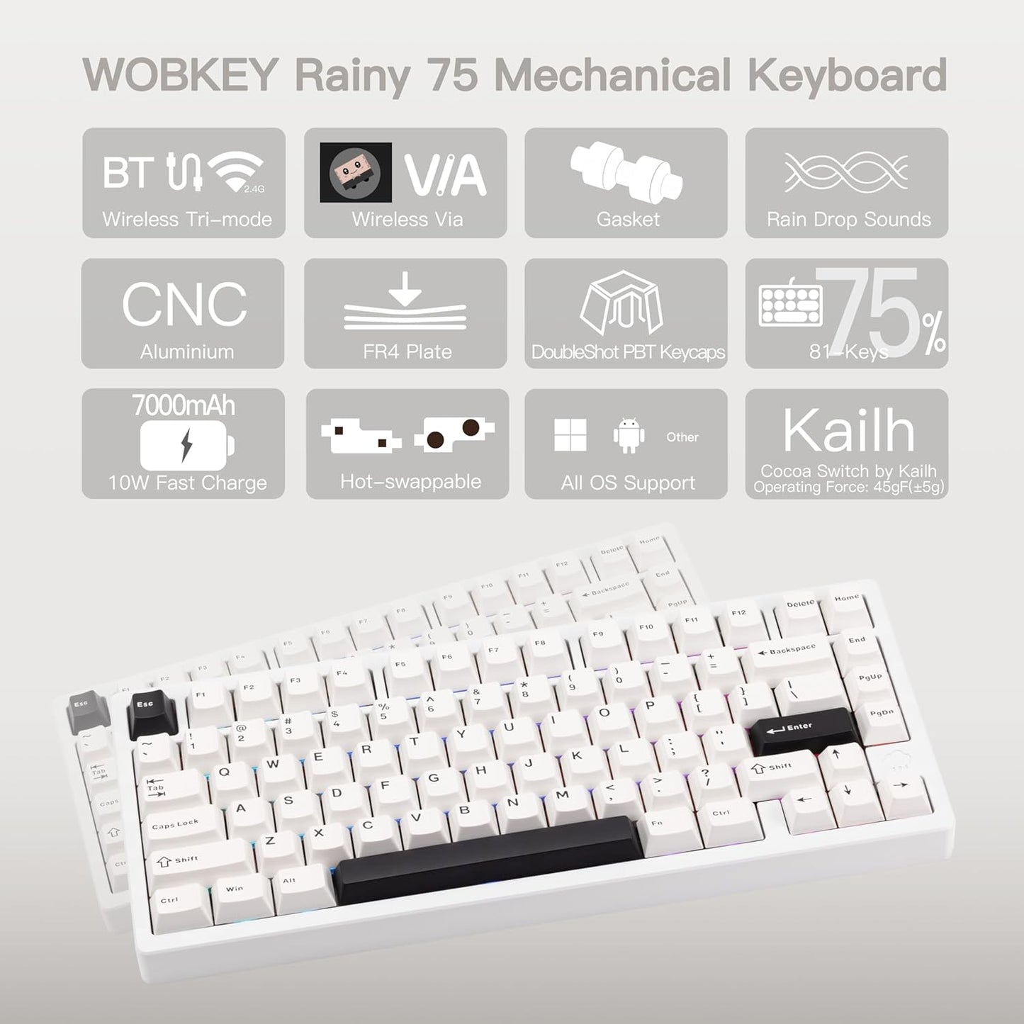 KEEBMONKEY WOBKEY Rainy 75 CNC Aluminum HMX/JWK/Cocoa Switches Triple-Mode Connectivity Mechanical Keyboard with Superior Acoustics, RGB/FR4/Silver SUS304/7000mAh/Cocoa Switch (Pro - Luna)