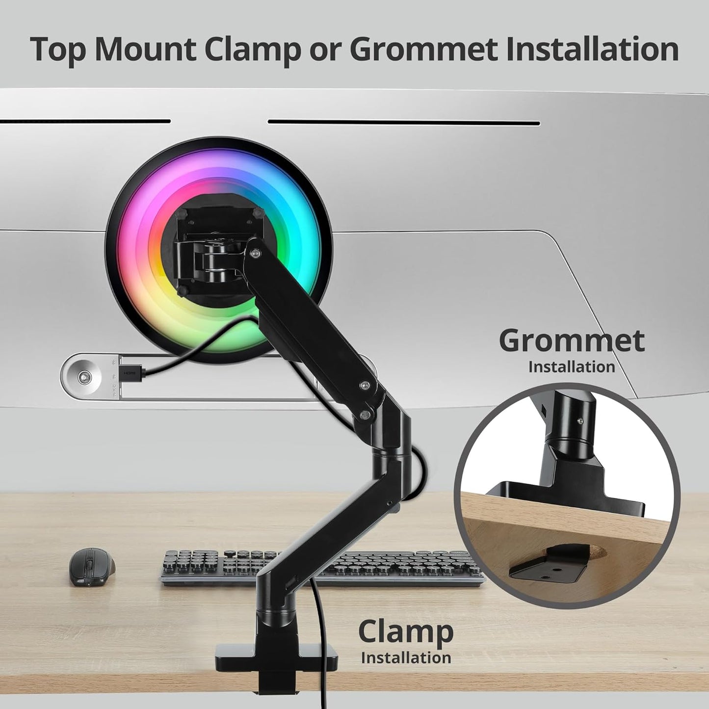 AVLT Single Monitor Arm Desk Mount for 34 to 57 in Screens – Fits One 44 lb Heavy Duty Monitor – Full Motion Height, Swivel, Tilt, Rotation – VESA 200x200, 200x100, 100x100, 75x75 – Black