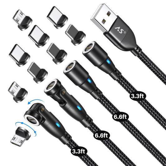A.S Magnetic Charging Cable[4PACK, 3.3/3.3/6.6/6.6ft]-3 in 1 Magnetic Phone Charger Data Transfer Cord-Magnet USB C Charging Cable-Magnet Charger Cable for Micro USB/TypeC/i-Product Nylon Braided