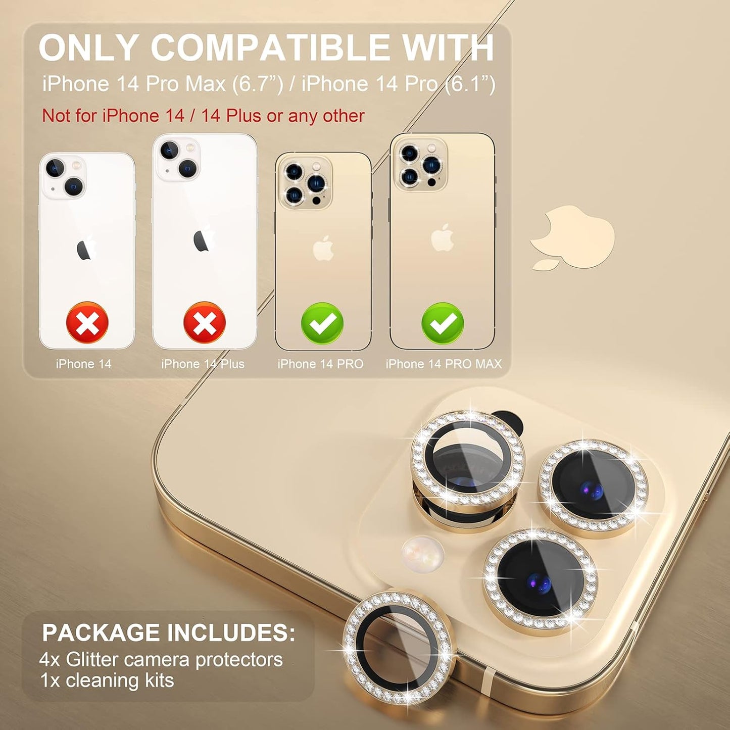 Choiche [3+1 for iPhone 14 Pro/iPhone 14 Pro Max Camera Lens Protector Bling, 9H Tempered Glass Camera Cover Screen Protector Metal Ring Decoration Accessories (Diamond-Gold)