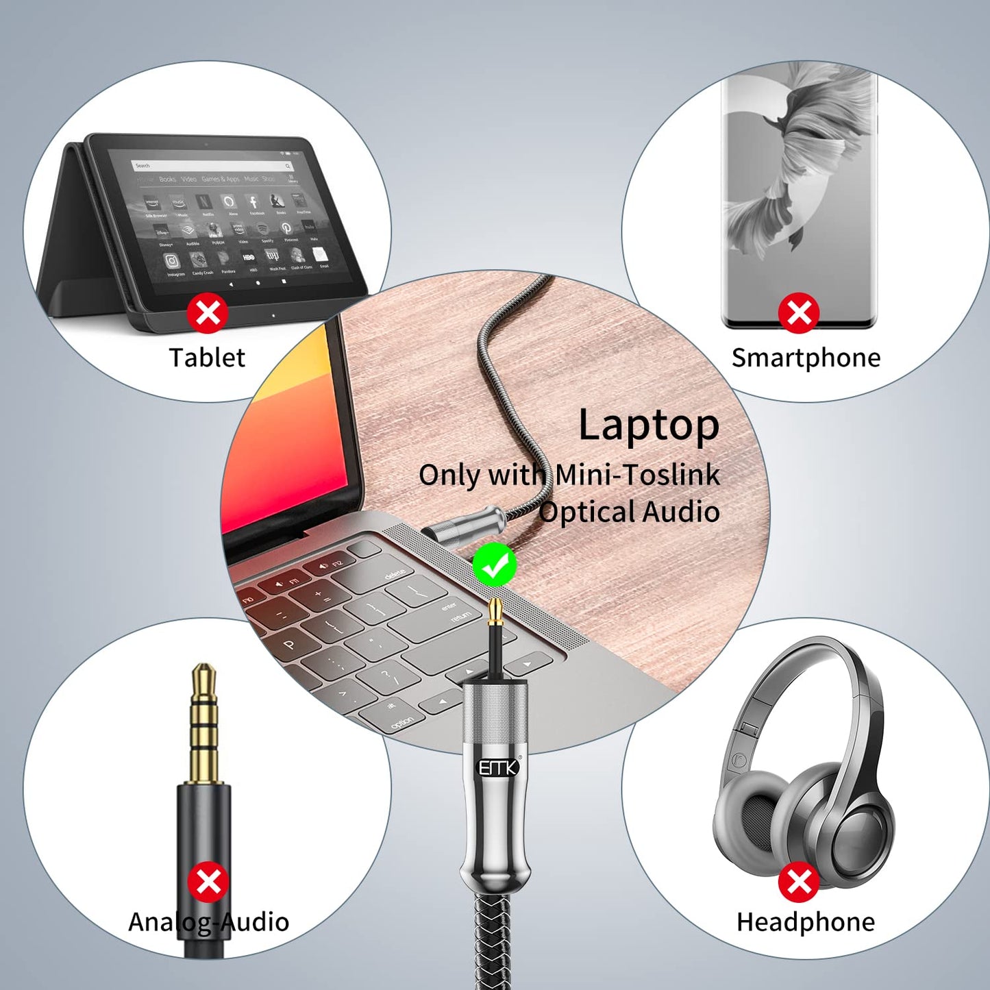 EMK 24K Gold-Plated Toslink to Mini Toslink Cable (3ft/1M) - Digital Optical Audio Cable with 3.5mm Mini Plug for Soundbar, Home Theater, TV - Silver SPDIF Fiber Optic Cable