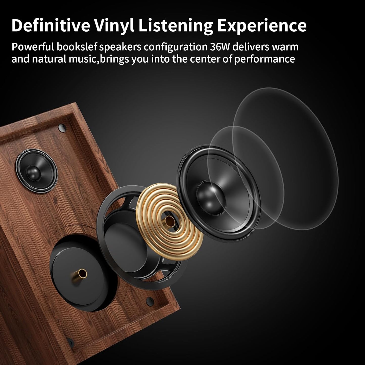 Bluetooth Turntable HiFi System with 36 Watt Bookshelf Speakers, Patend Designed Vinyl Record Player with Magnetic Cartridge, Bluetooth Playback and Auto Off