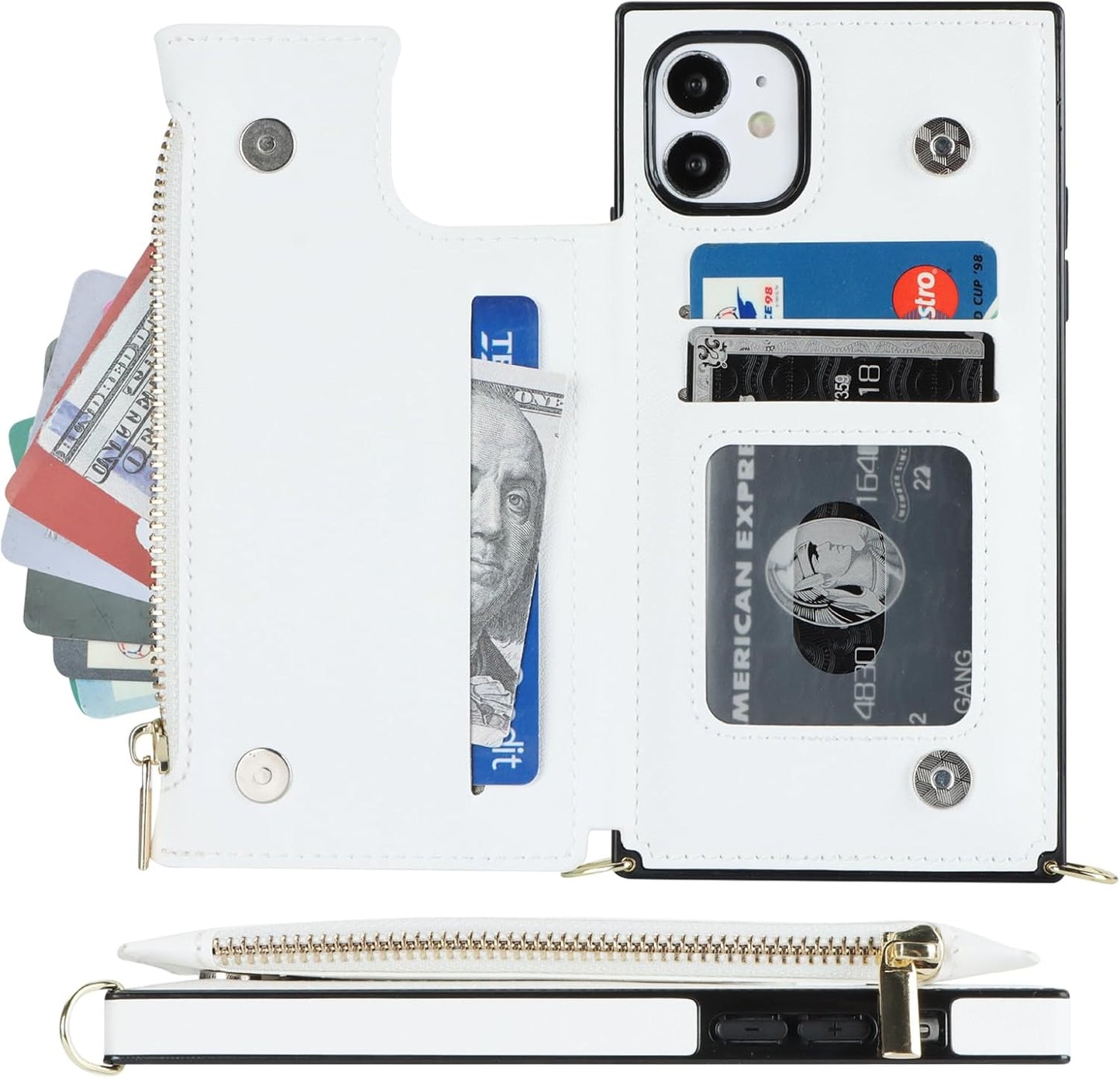 Bocasal Crossbody Wallet Case for iPhone 11 with Card Holder,Zipper Card Slot Protector Shockproof Purse Cover with Removable Cross Body Strap 6.1 Inch (White)