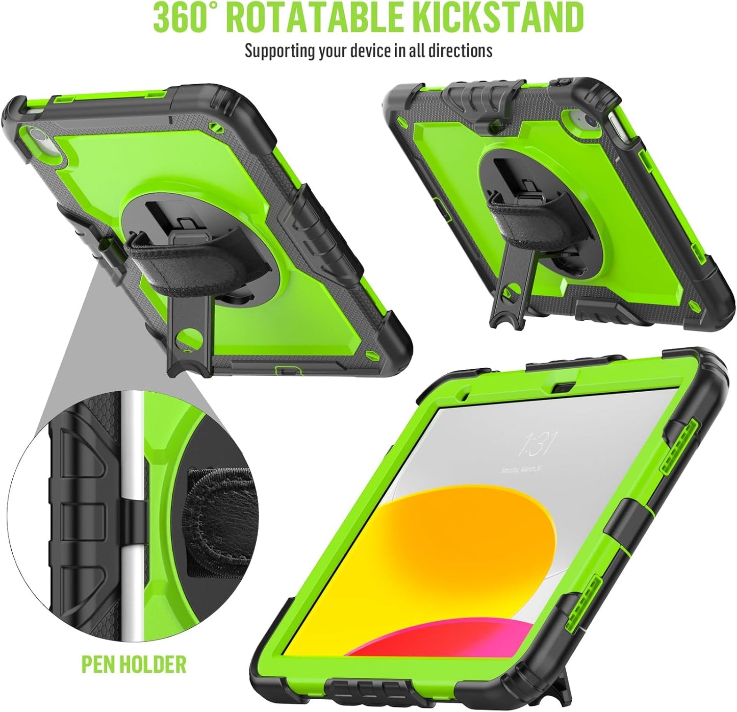 BLOSOMEET Case for iPad A16 11th/10th Generation 11''/10.9'' 2025/2022 with Tempered Glass Screen Protector & Pencil Holder, Rugged Military Grade Cover w/Stand Hand Shoulder Strap, Green