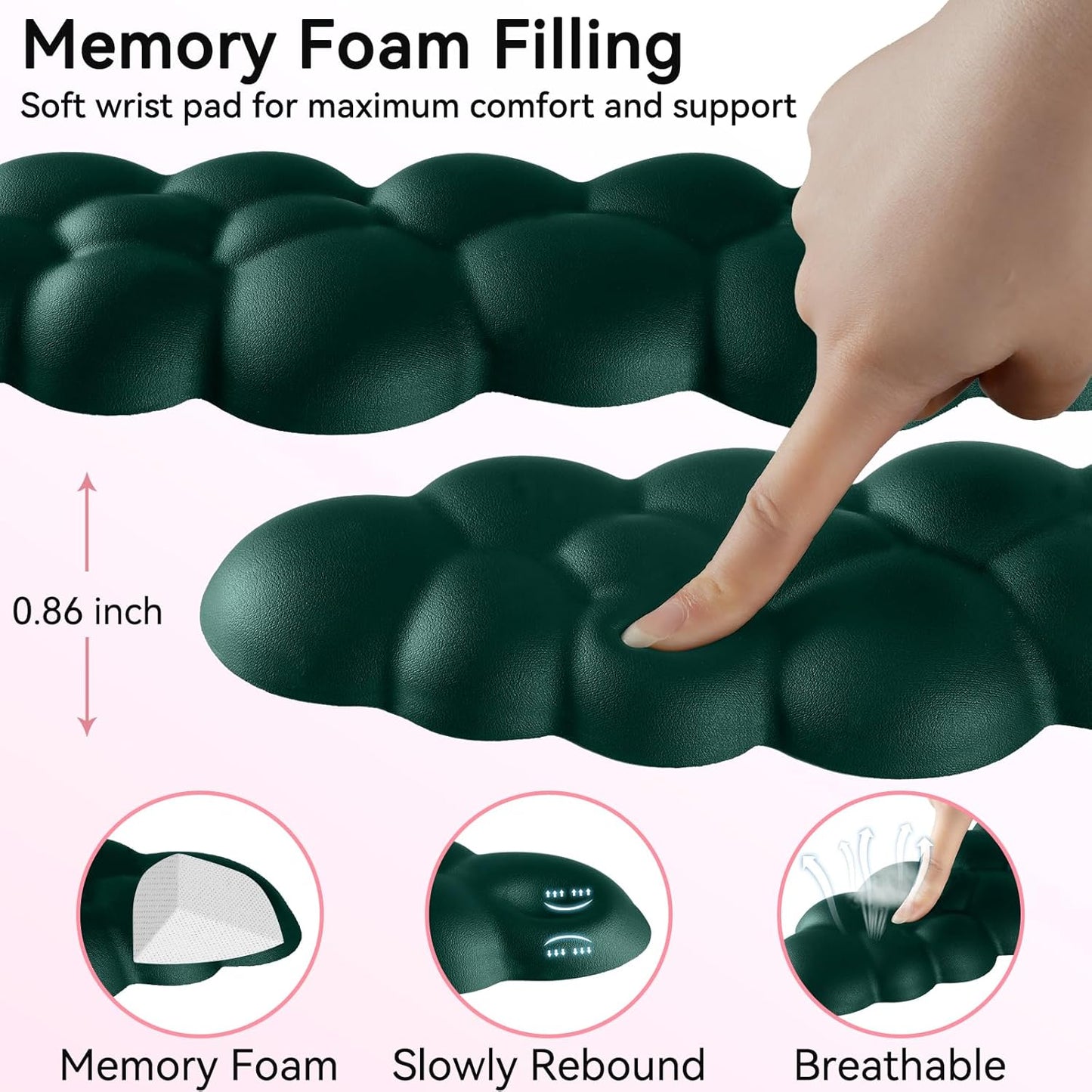 Cloud Wrist Rest for Computer Keyboard, 4-in-1 Memory Foam Leather Cloud Keyboard Wrist Rest and Mouse Pad Set with Ergonomic Support for Arm and Palm Cushion, Gaming/Work Setup, Dark Green