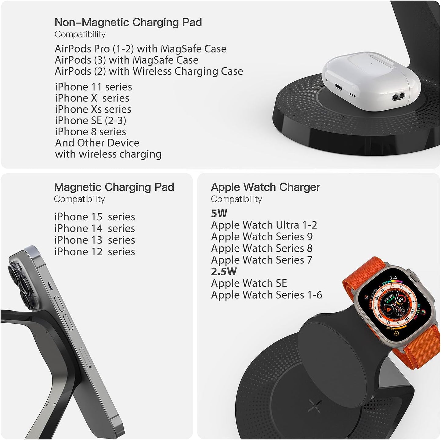 3 in 1 Charging Station for Apple Devices,Mag-Safe Charger Stand Fast Charging,Wireless Charger for iPhone 16/15/14/13/12 Series,& AirPods,& iWatch(USB-C Charger Included)