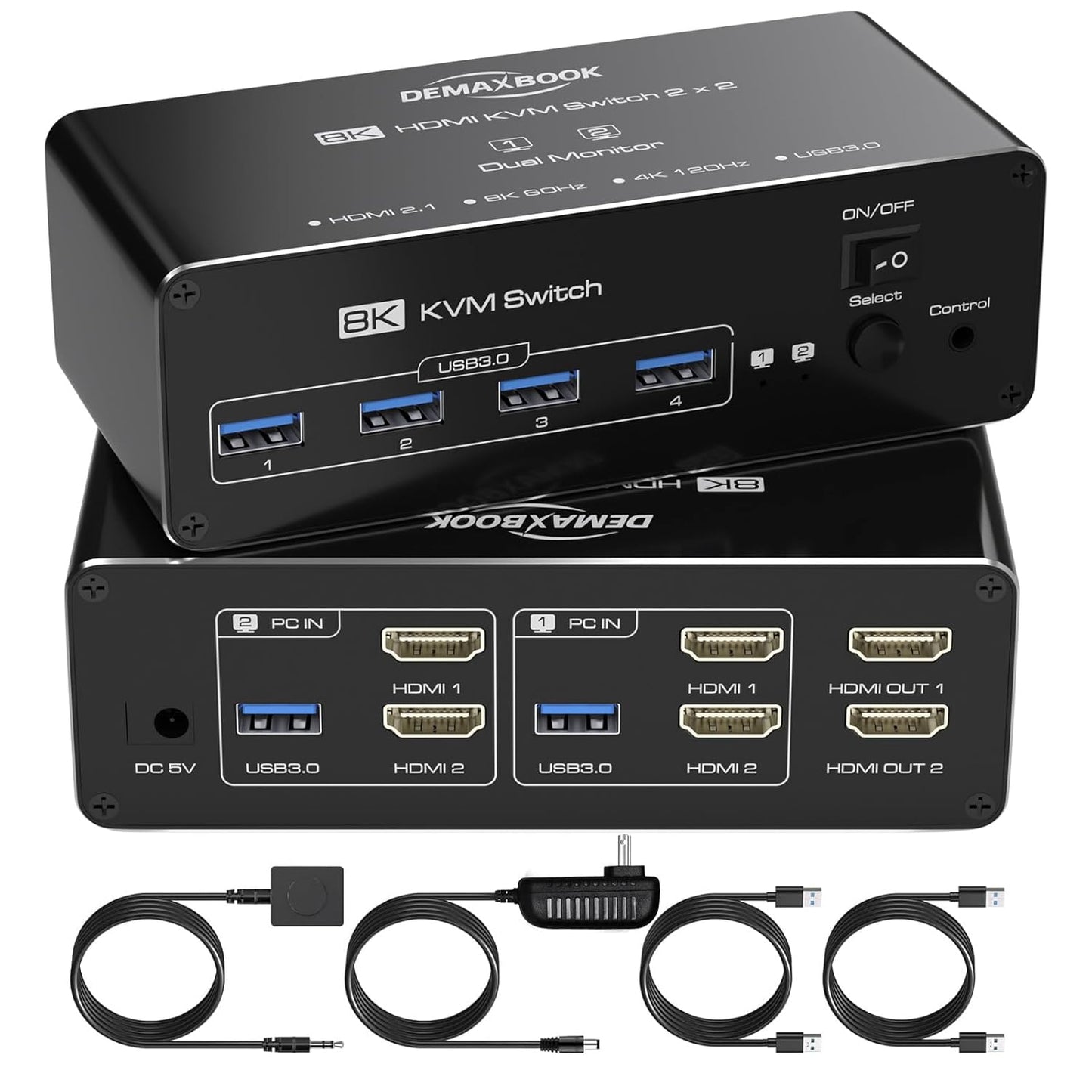 DEMEXBOOK HDMI KVM Switch 2 Monitors 2 Computers 8K@60Hz 4K@120Hz, with 4 USB 3.0 Ports for 2 Computers Sharing 2 Monitors, Extended/Copy Mode, with Power Adapter,Includes Remote & 2 USB Cables