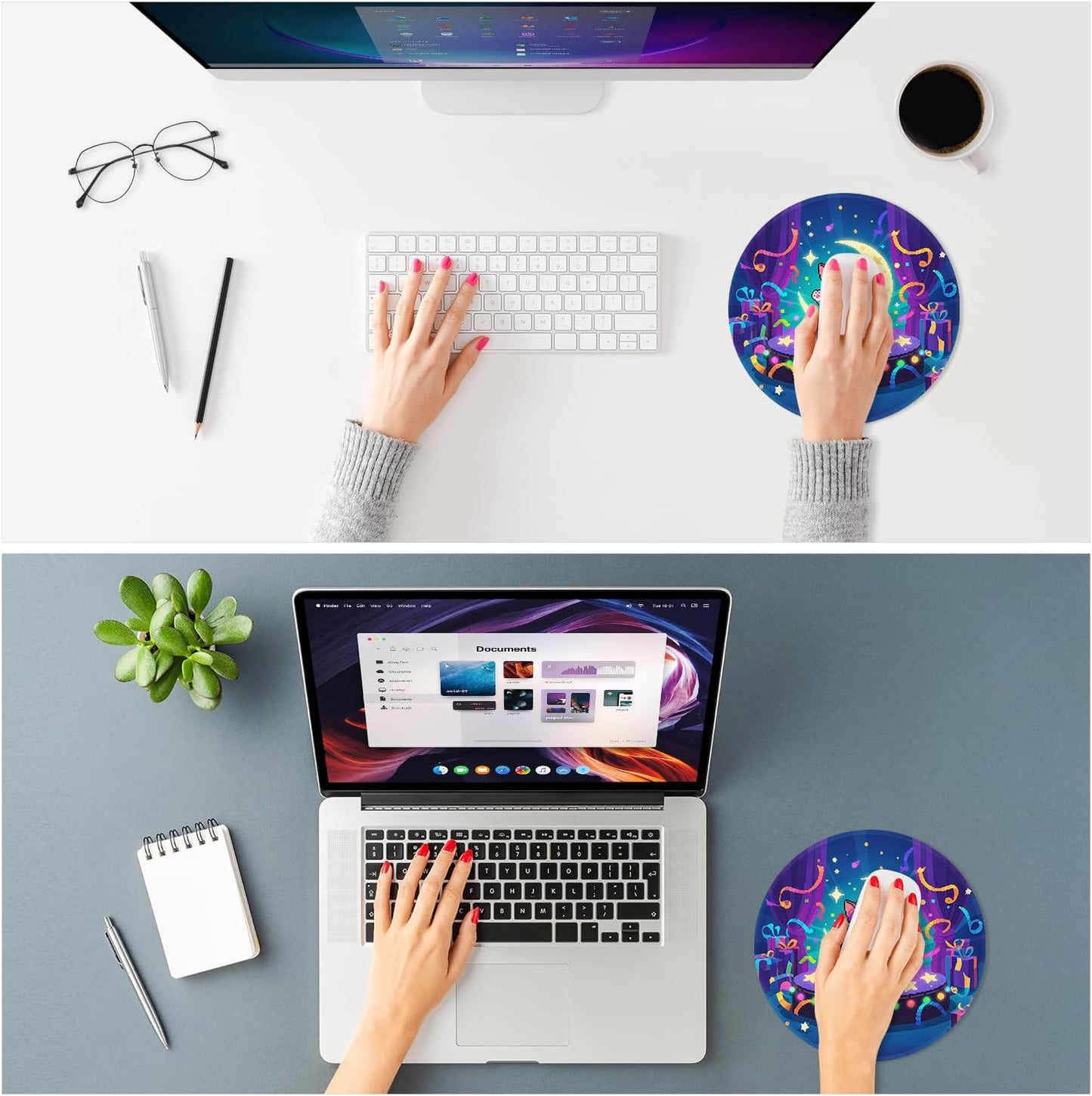 ITNRSIIET Mouse Pad Non-Slip Rubber Base Smooth Surface Stitched Edges Waterproof Durable Compatible with All Mice for Office & Gaming, Desk Accessory, Diameter 8.7 inch, PixelPartyCat