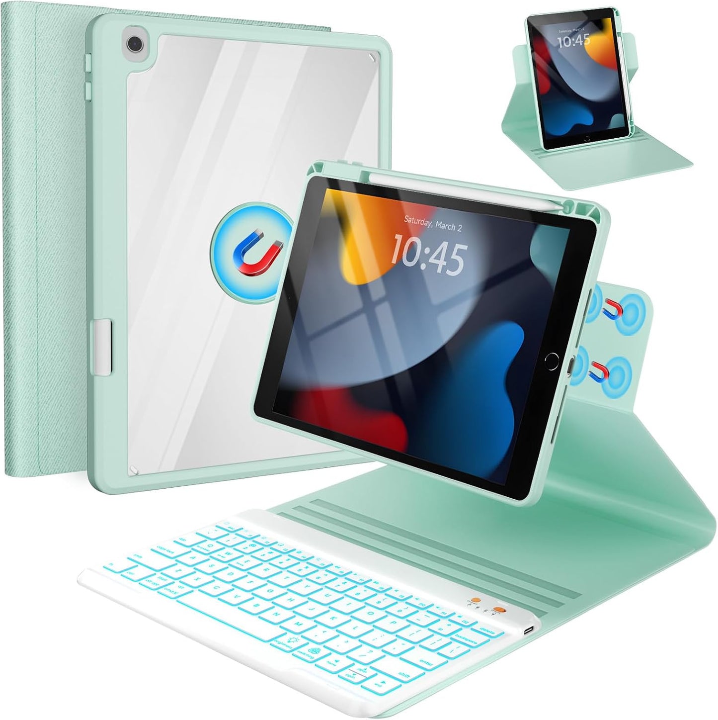 BLUTLOTUS Keyboard Case for 9th Generation for iPad 10.2'' 360° Rotatable Magnetic Keyboard Case with Pencil Holder Groove Design, 7 Color Backlit Wireless Detachable Keyboard(Mint Green)