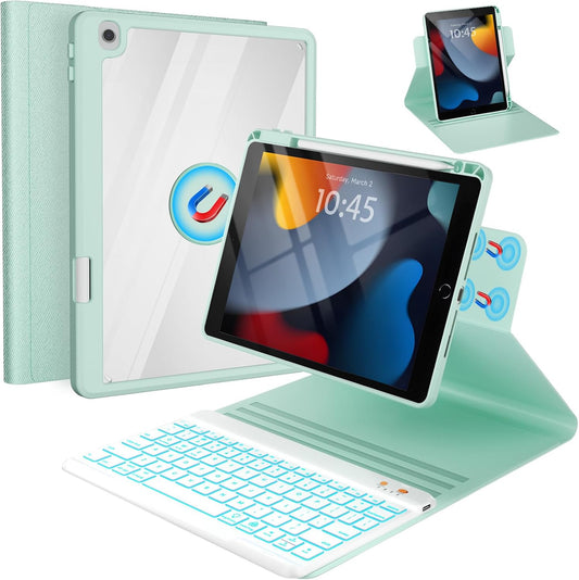 BLUTLOTUS Keyboard Case for 9th Generation for iPad 10.2'' 360° Rotatable Magnetic Keyboard Case with Pencil Holder Groove Design, 7 Color Backlit Wireless Detachable Keyboard(Mint Green)