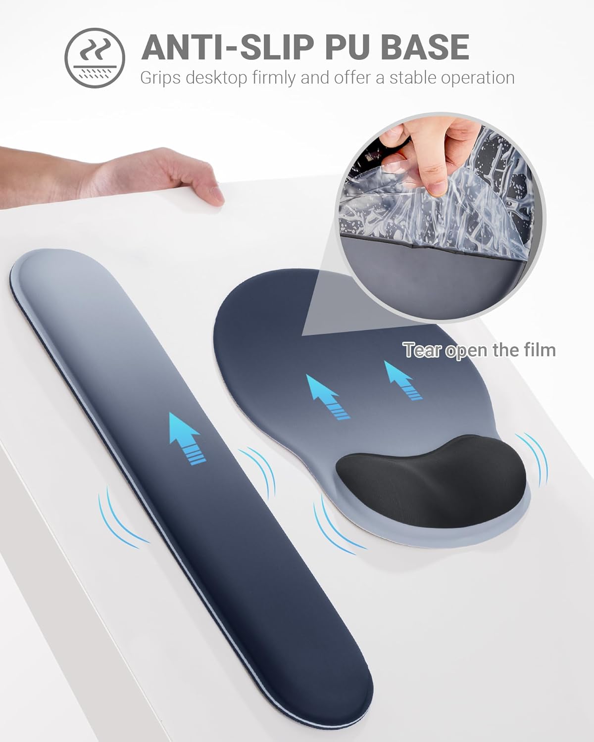 Ergonomic Mouse Pad Wrist Support Set, Memory Foam Keyboard Wrist Rest Set, Keyboard Pad, Non-Slip Base Mousepad（Gradient Blue Black Set）