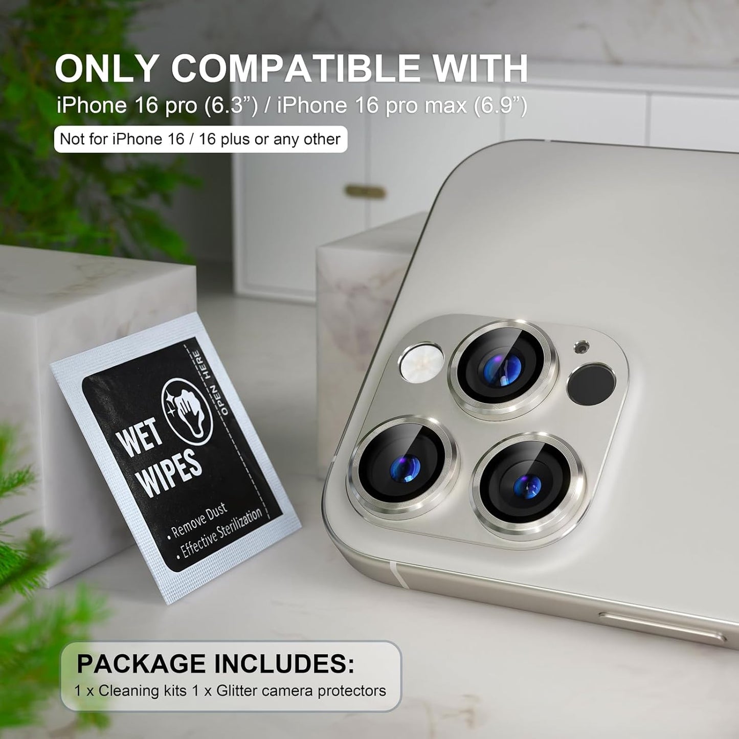 Choiche Compatible for iPhone 16 Pro/iPhone 16 Pro Max Camera Lens Protector, Bling Camera Cover with 9H Tempered Glass Lens Screen Protector Metal Ring Accessories (Titanium Natural)