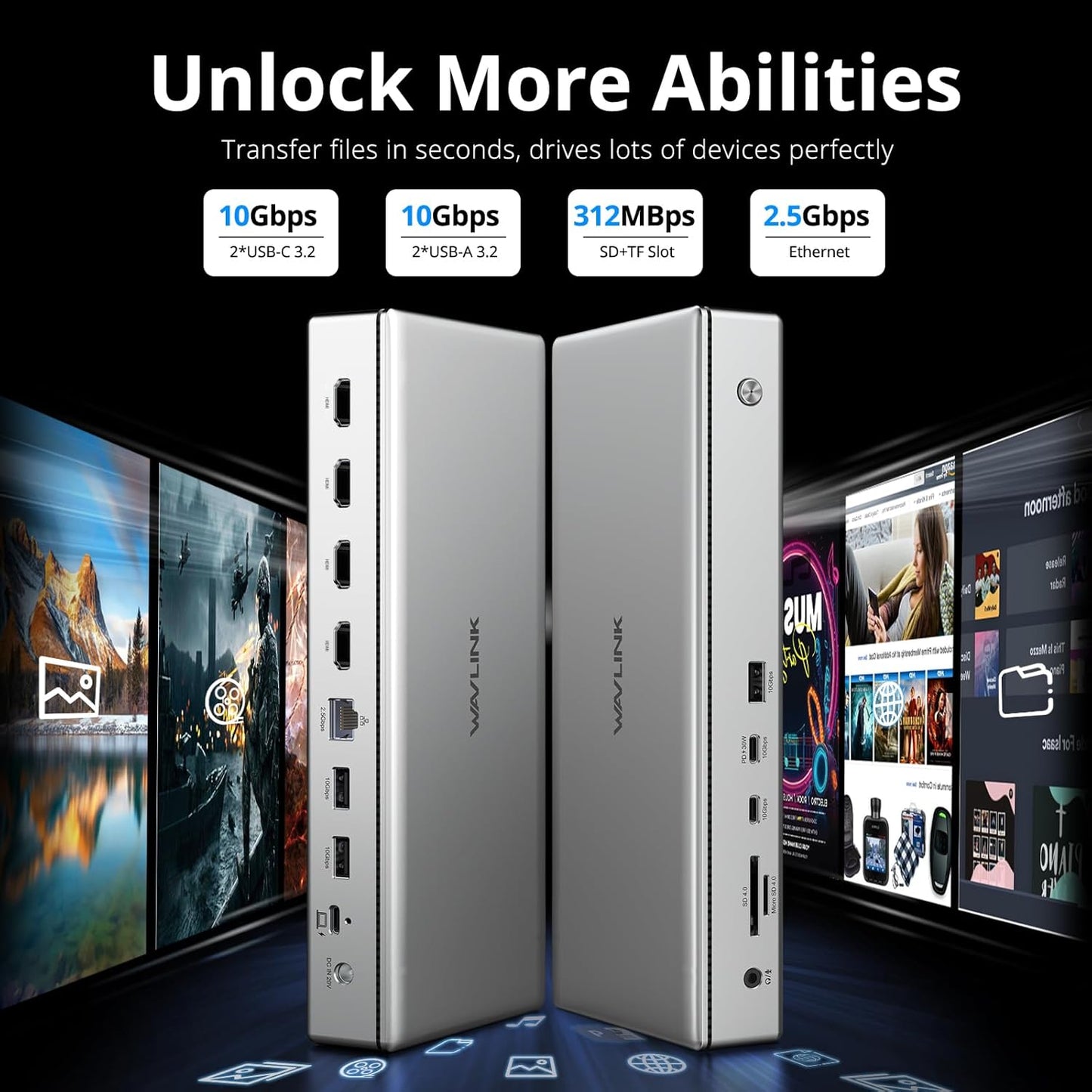 WAVLINK Pro Docking Station 4 Monitors | Quad 4K Displays for Mac & Windows | Displaylink Dock with 4X HDMI, PD 100W, 2.5G Ethernet, 10G USB-A/USB-C, SD/TF 4.0, Audio | Driver Required DL7400.