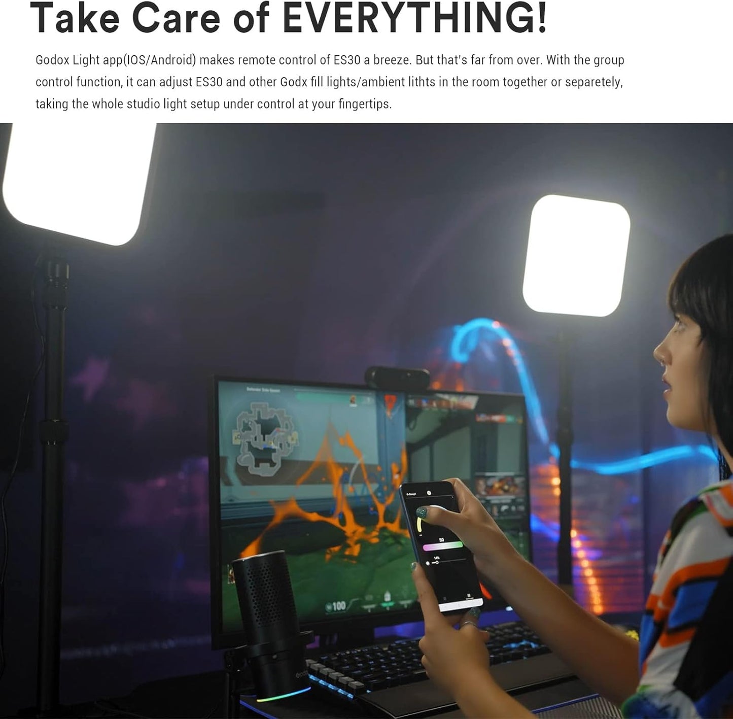 Godox ES30 Key Light, 2250Lumens Desk Light for Streaming with Extendable Desk Stand, 0-100% Brightness & 2800-6500k Color Temperature APP Control, Soft Light Panel for Streaming, Zoom Calls, YouTube