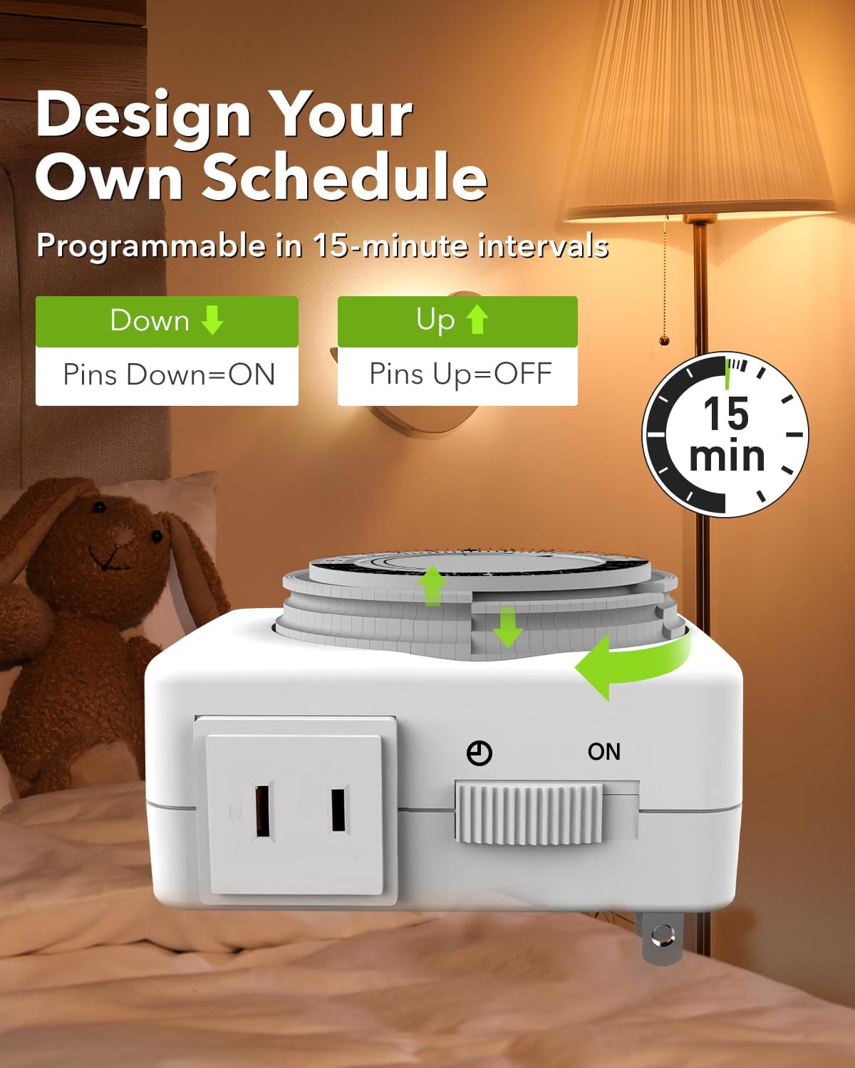 HBN Outlet Timer for Electrical Outlets Indoor, 24 Hour Mechanical Light Timers for Lamps, Dual 2-Prong Plug-in Outlets, 15-Minute Intervals, Heavy Duty Daily Cycle, 2 Pack