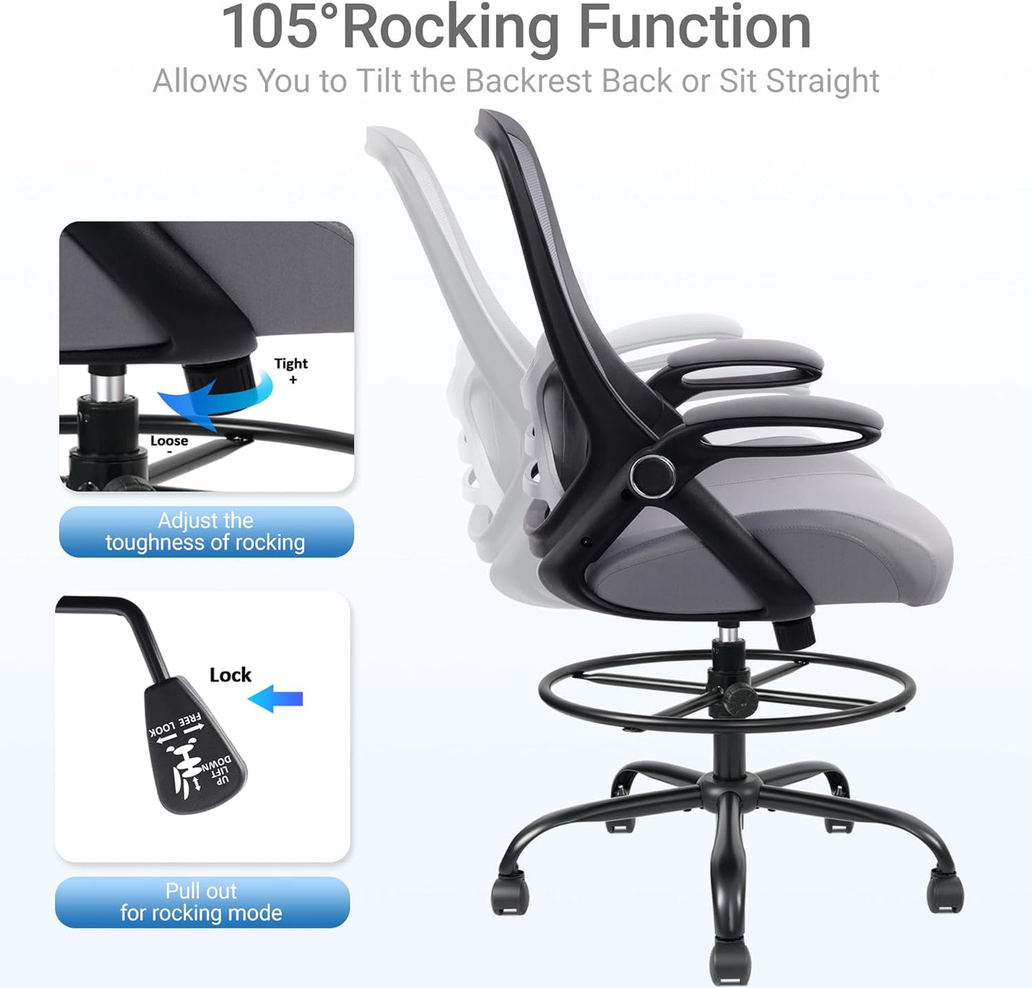 HYLONE 400lbs Heavy Duty Drafting Chair 5" Thickened Seat Office Chair with Flip-Up Armrests Tall Ergonomic Computer Chair with Lumbar Support and Adjustable Footrest Ring Standing Desk Chair(Grey)