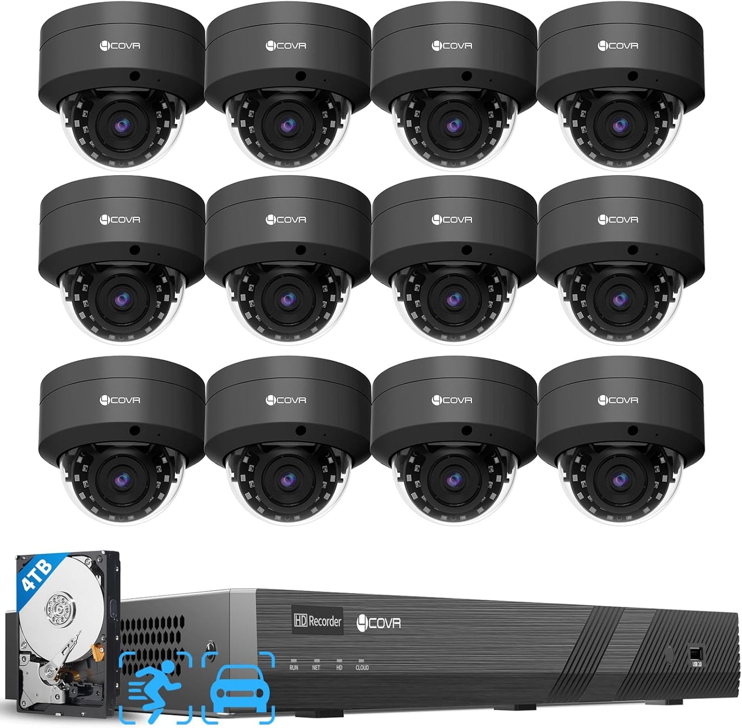 4COVR Commercial Security Camera System 4K PoE, 12Pcs IK10 Vandal-Proof 8MP Wired Dome IP Camera IP67 AI Human/Vehicle Detection, 16 Channel NVR 4TB HDD, Business Surveillance Outdoor, LY54AB8M1612