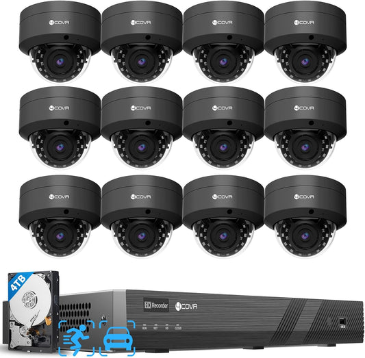 4COVR Commercial Security Camera System 4K PoE, 12Pcs IK10 Vandal-Proof 8MP Wired Dome IP Camera IP67 AI Human/Vehicle Detection, 16 Channel NVR 4TB HDD, Business Surveillance Outdoor, LY54AB8M1612