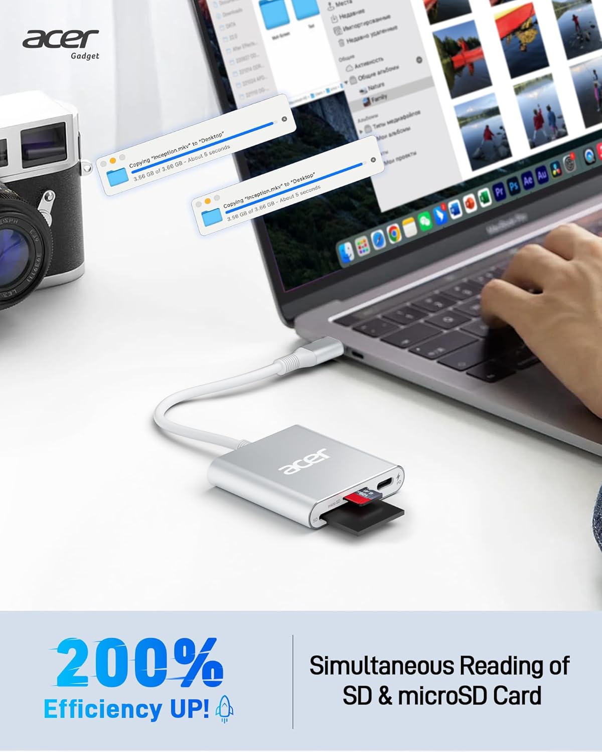 Acer SD 4.0 Card Reader, UHS-II Micro SD Reader USB C, Dual Slot Type C Memory Card Adapter with 100W PD Port for MicroSD SDXC SDHC UHS-II & UHS-I for iPhone 15/16, Laptop, MacBook(Silver)